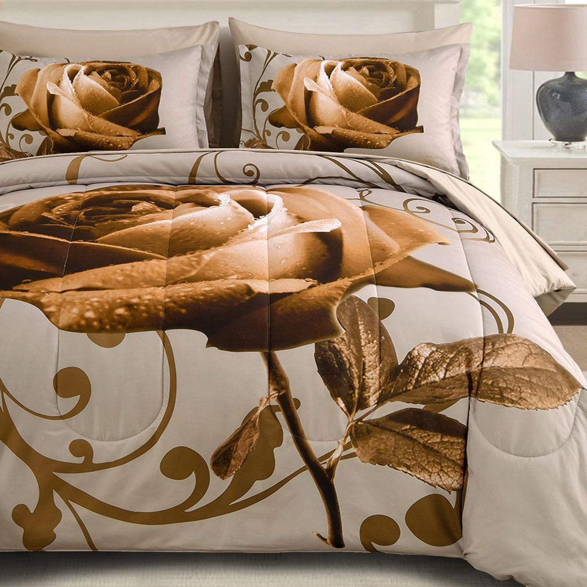Wongs Bedding Brown Comforter Set Queen, Reversible Brown Rose 7 Pieces Bed In A Bag, Lightweight Soft Microfiber Bedding Sets W