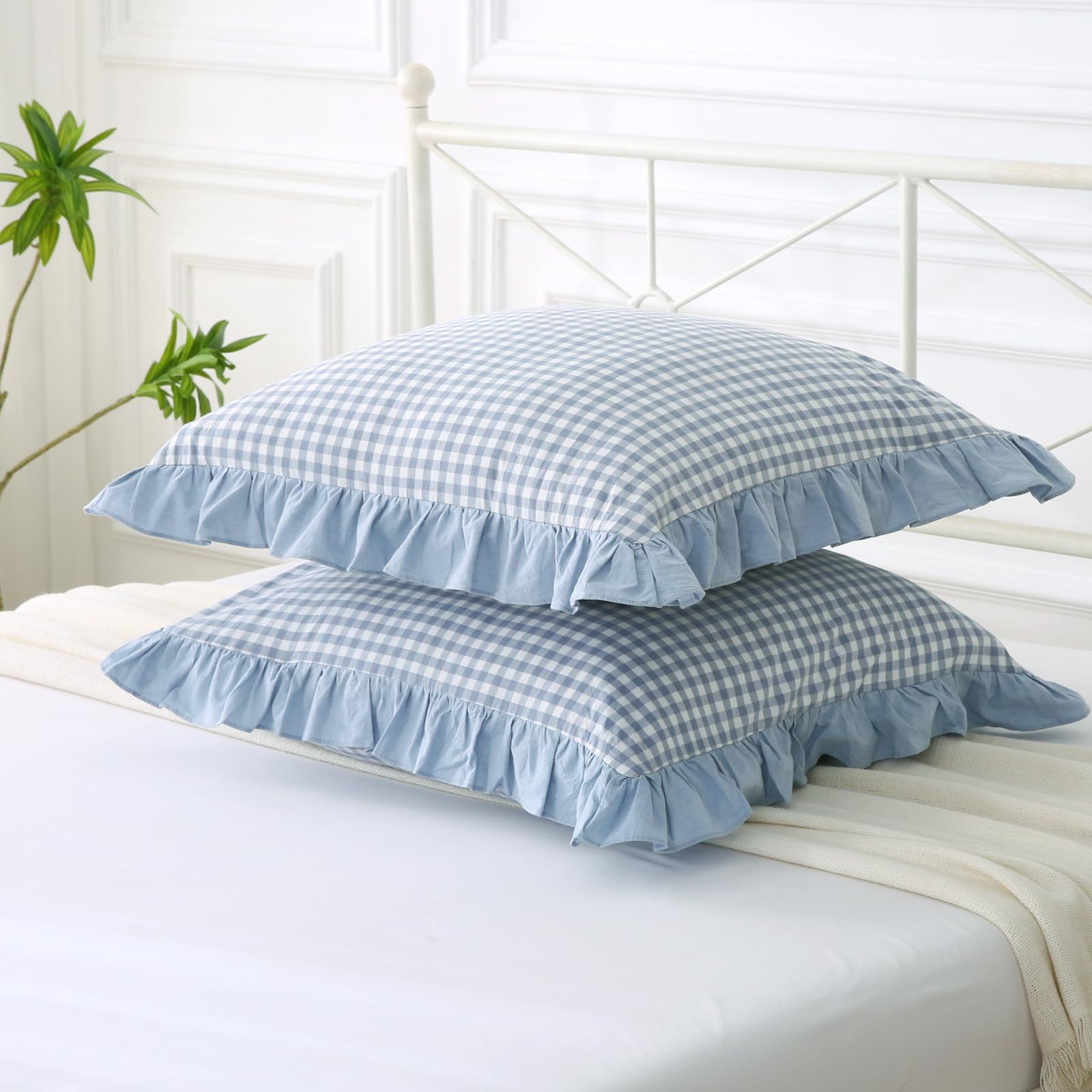Mywinlle Dusty Blue Plaid Ruffle Throw Pillow Covers For Couch 20''X20'',2 Pack Vintage Checkered Washed Cotton Pillow Cases For