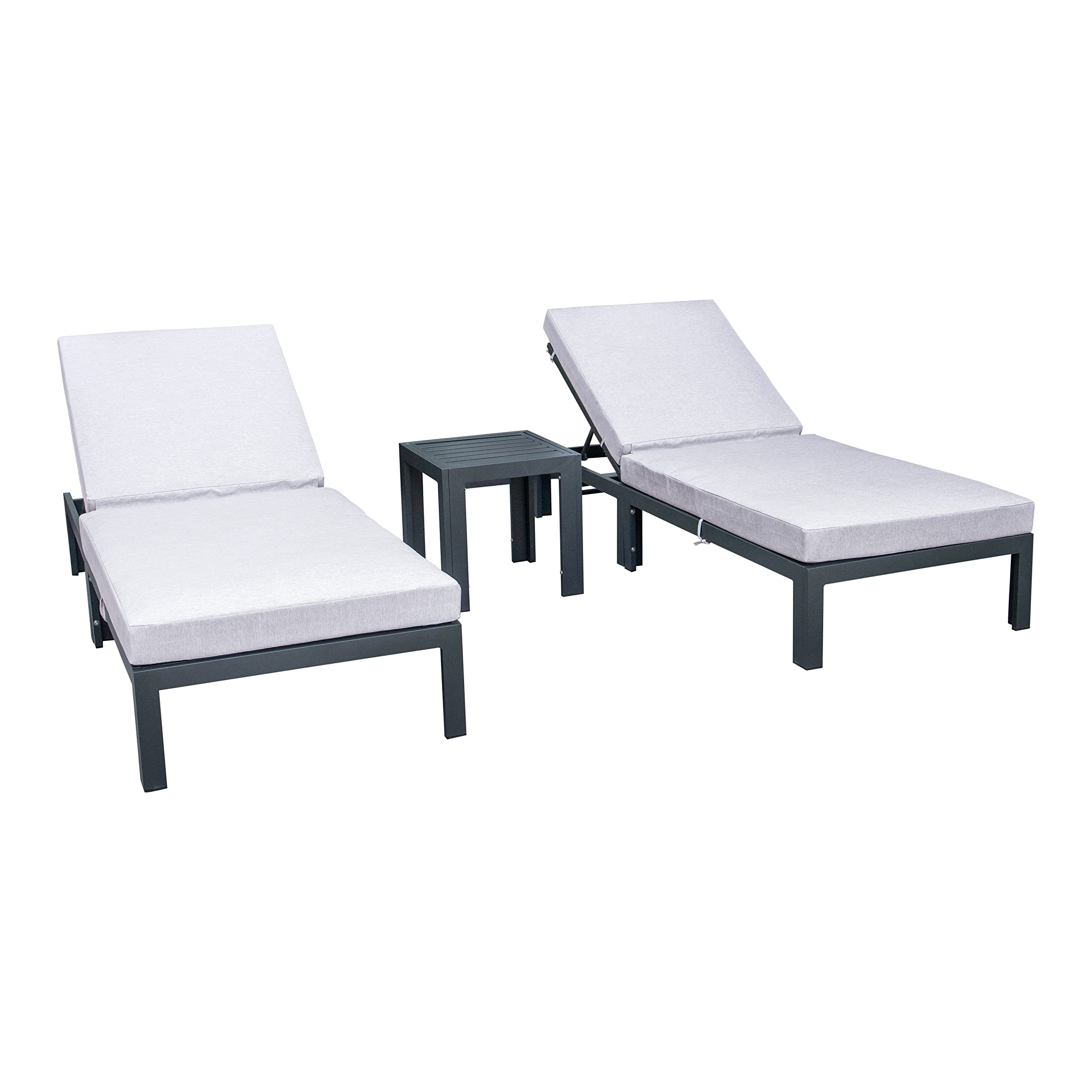 LeisureMod Chelsea Modern Aluminum Outdoor Chaise Lounge Chair Set of 2 with Side Table & Cushions (Light Grey)