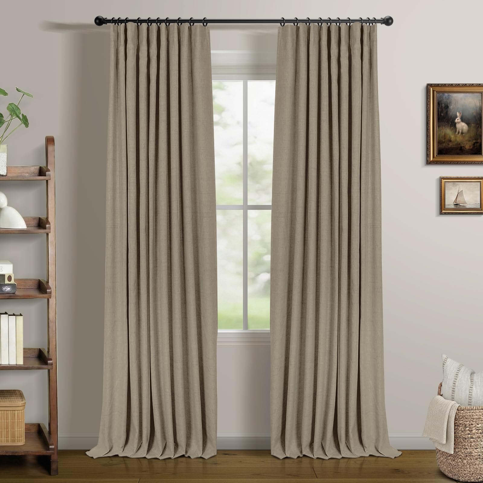 INOVADAY 100% Blackout Curtains for Bedroom, Black Out Curtains 108 Inch Long, Clip Rings Linen Blackout Drapes, Thermal Insulat
