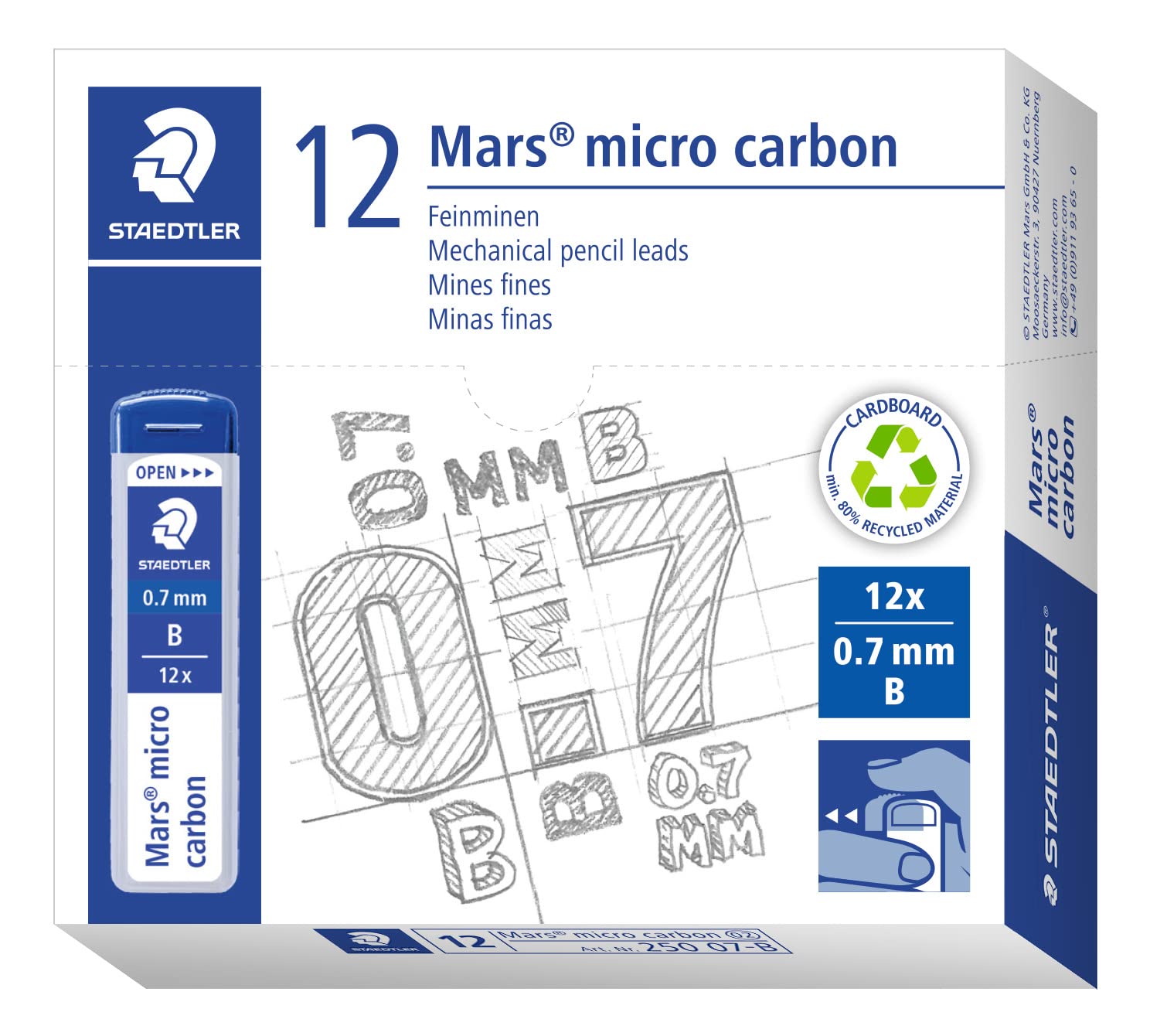 Staedtler 250 07-B Mars Micro Refill Leads For Mechanical Pencils - B, 0.7Mm (Box Of 12 X Tubes Of 12 Leads)