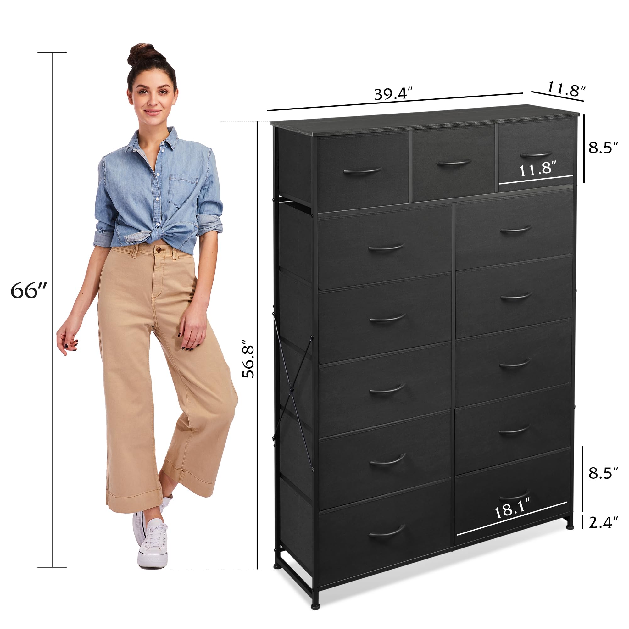 Wlive Tall Dresser For Bedroom With 13 Drawers, Storage Dresser Organizer Unit, Fabric Dresser For Bedroom, Closet, Chest Of Drawers With Fabric Bins, Steel Frame, Wood Top, Charcoal Black