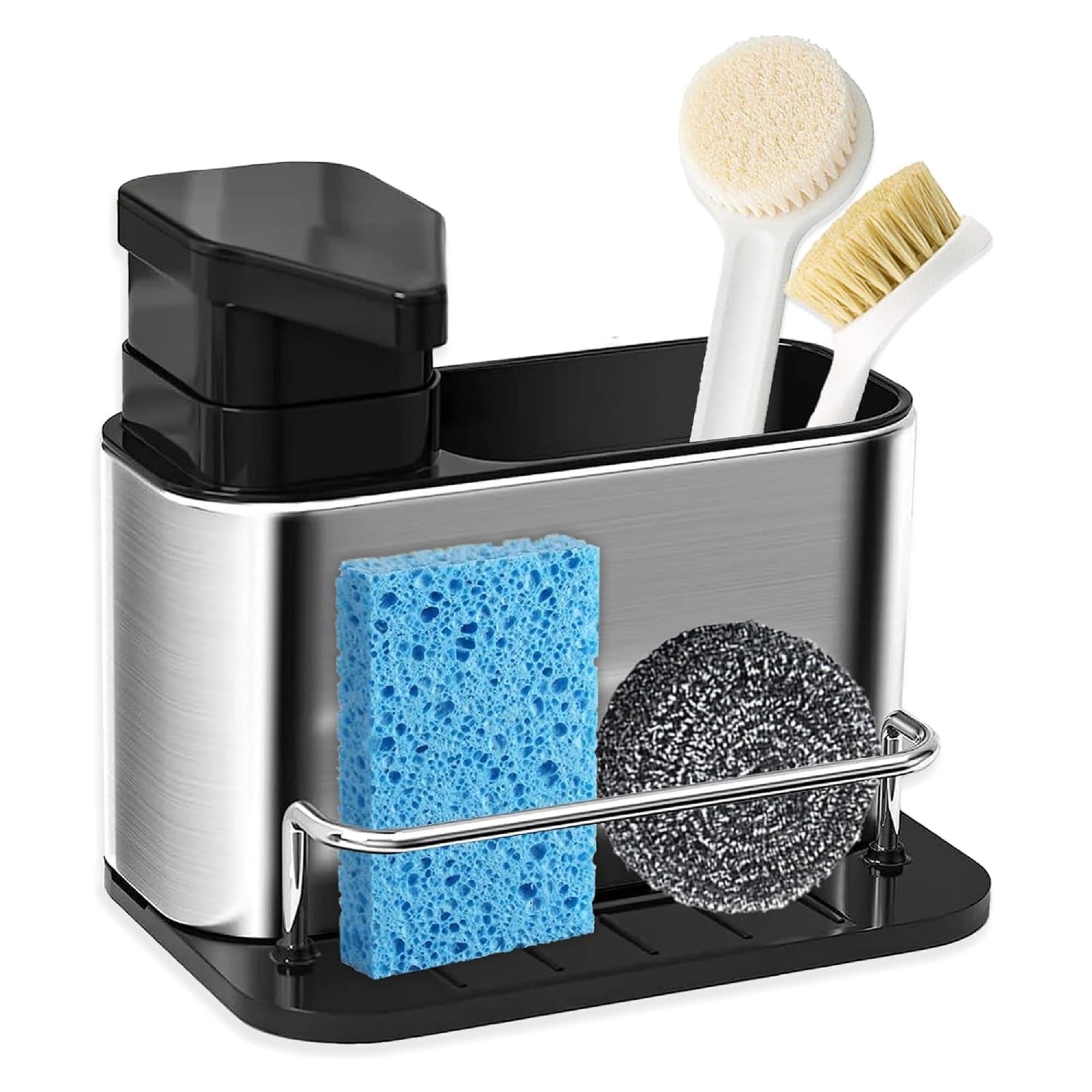 Kitchen Sink Caddy With Soap Dispenser, Brush Holder & Sponge Holder | Countertop Kitchen Organizer For Dish Soap, Scrub Brushes