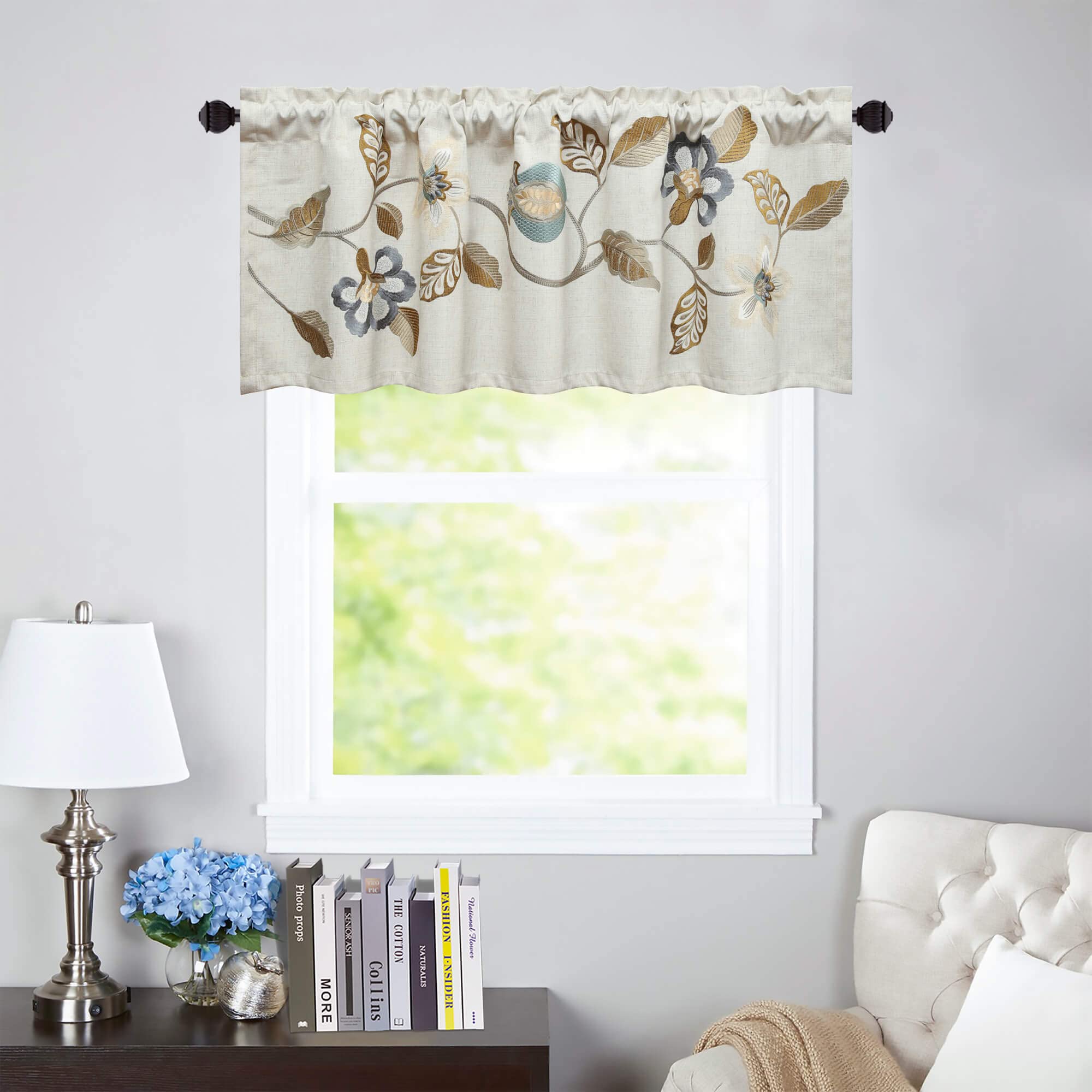 VOGOL Rustic Style Curtain Valance for Kitchen Windows, Blooming Flowers Embroidered Keep Privacy Window Shades, Thick Breathabl