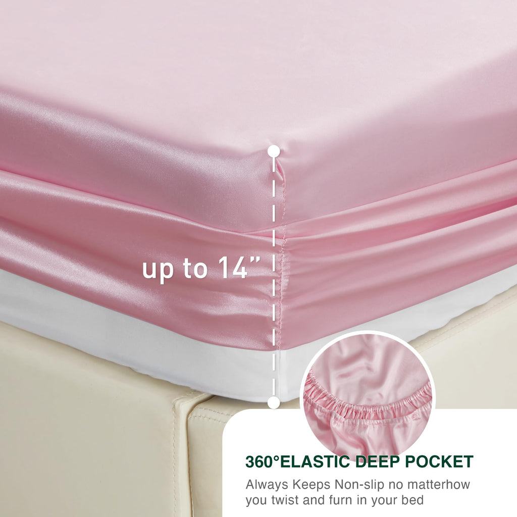 Love'S Cabin Satin King Sheet Sets - 4 Piece Pink Silky Satin Sheets King Size Bed Set With Deep Pocket, Luxury Silk Feel King Size Satin Sheet Set (1 Flat Sheet,1 Fitted Sheet,2 Pillow Cases)