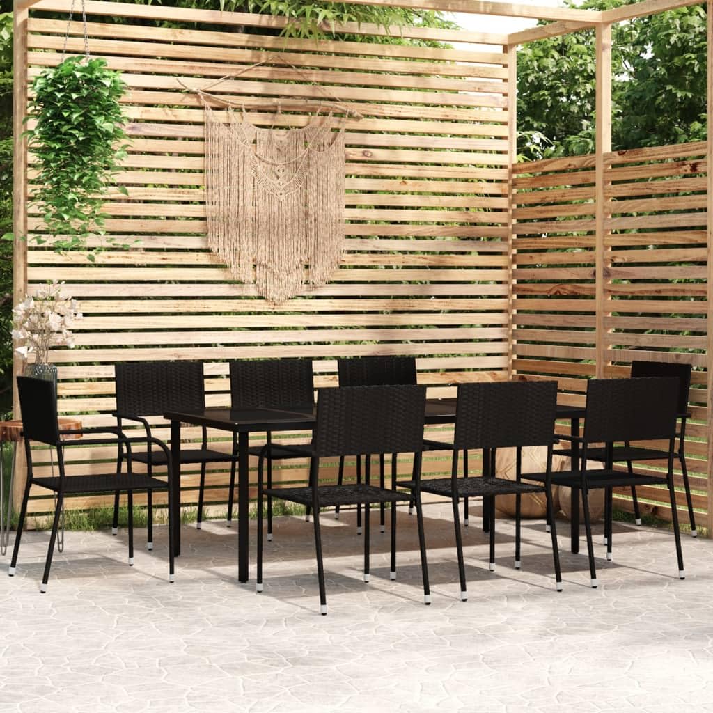 vidaXL 7-Piece Patio Dining Set - Outdoor Black Rattan Chairs & Glass Table for Garden, Deck Dining