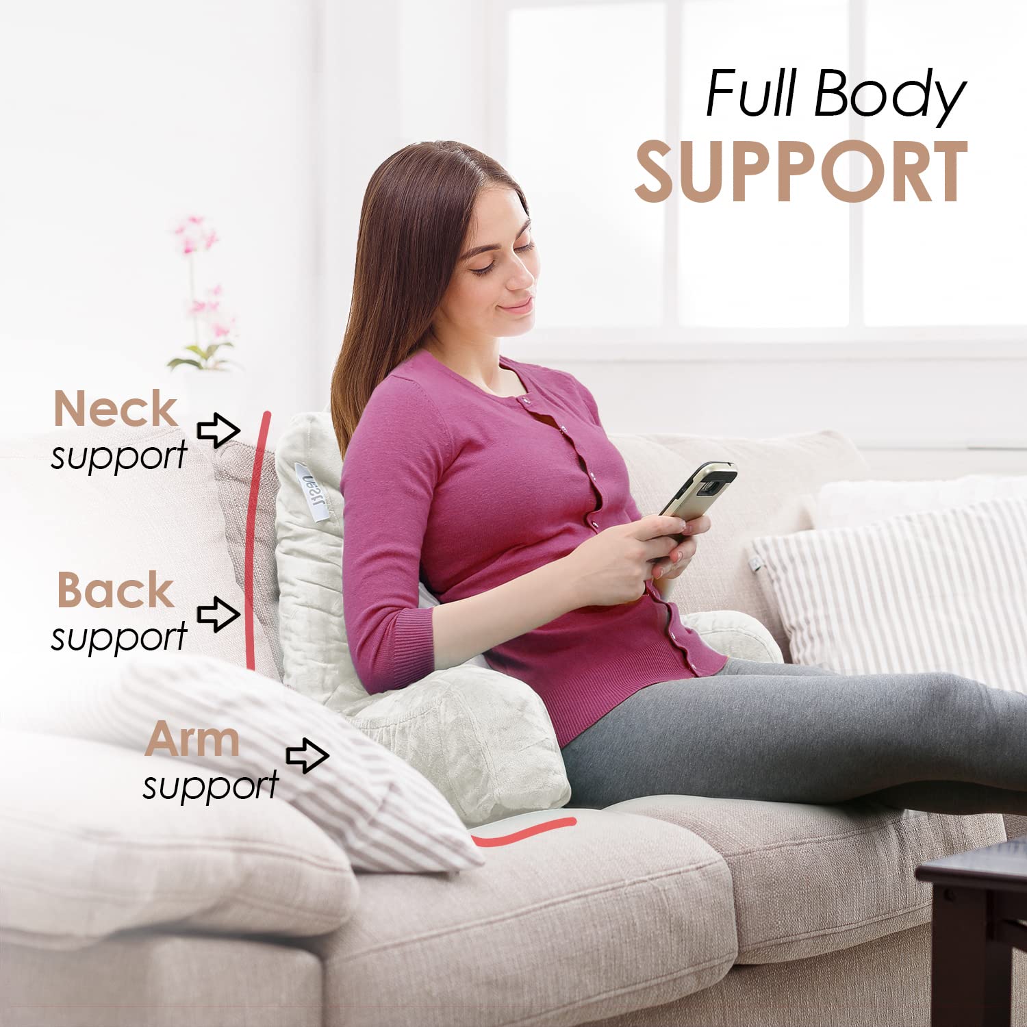 Nestl Reading Pillow Standard Bed Pillow, Back Pillow For Sitting In Bed Shredded Memory Foam Chair Pillow, Reading & Bed Rest Pillows White Back Pillow For Bed, Bed Chair Arm Pillow With Pockets