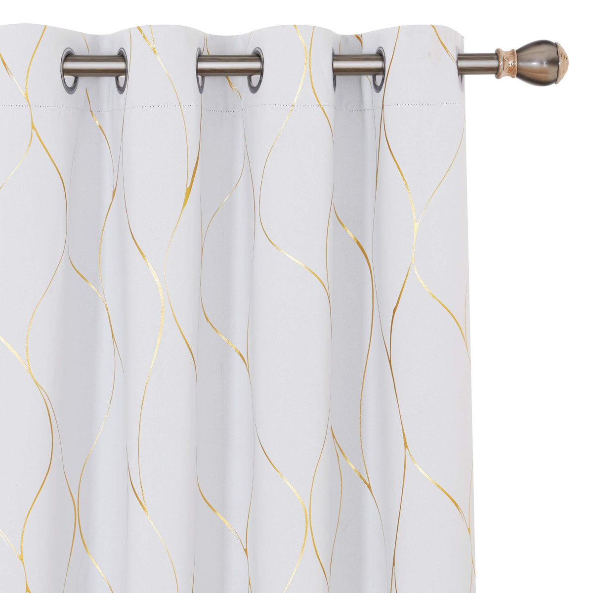 Deconovo White Blackout Curtains 84 Inches Long - Gold Wave Foil Print Grommet Drapes, Room Darkening Curtain, Window Panels For