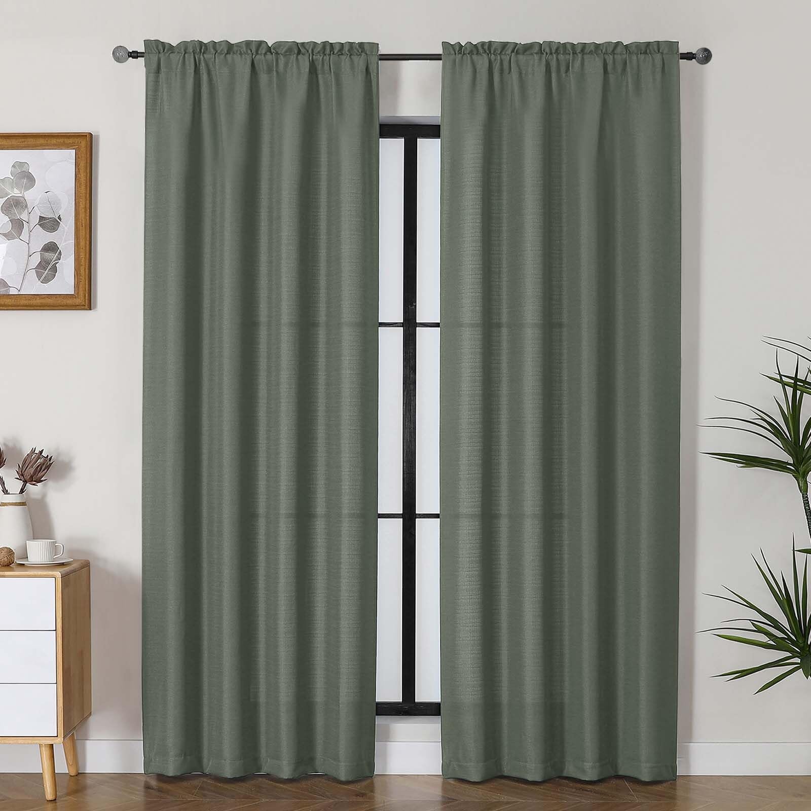 Lecloud Bessie Olive Green Curtains 84 Inches Long 2 Panels, Airy Privacy Light Filtering Curtain Drapes, Faux Linen Textured Ro