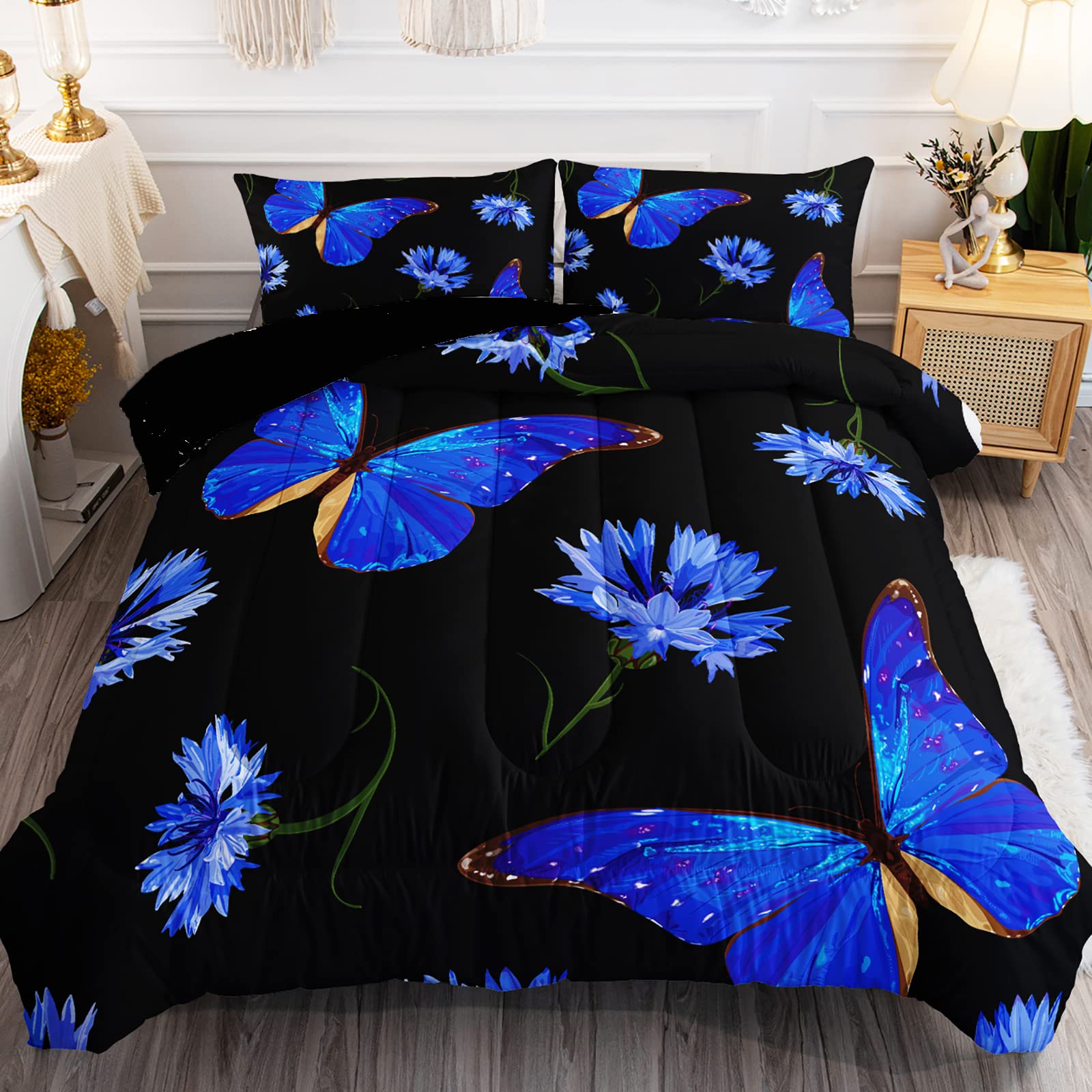 Bsntho Butterfly Comforter Set For Girls Kids Royal Blue Daisy Floral Bedding Sets Mysterious Black Blue Butterfly Comforter Twi