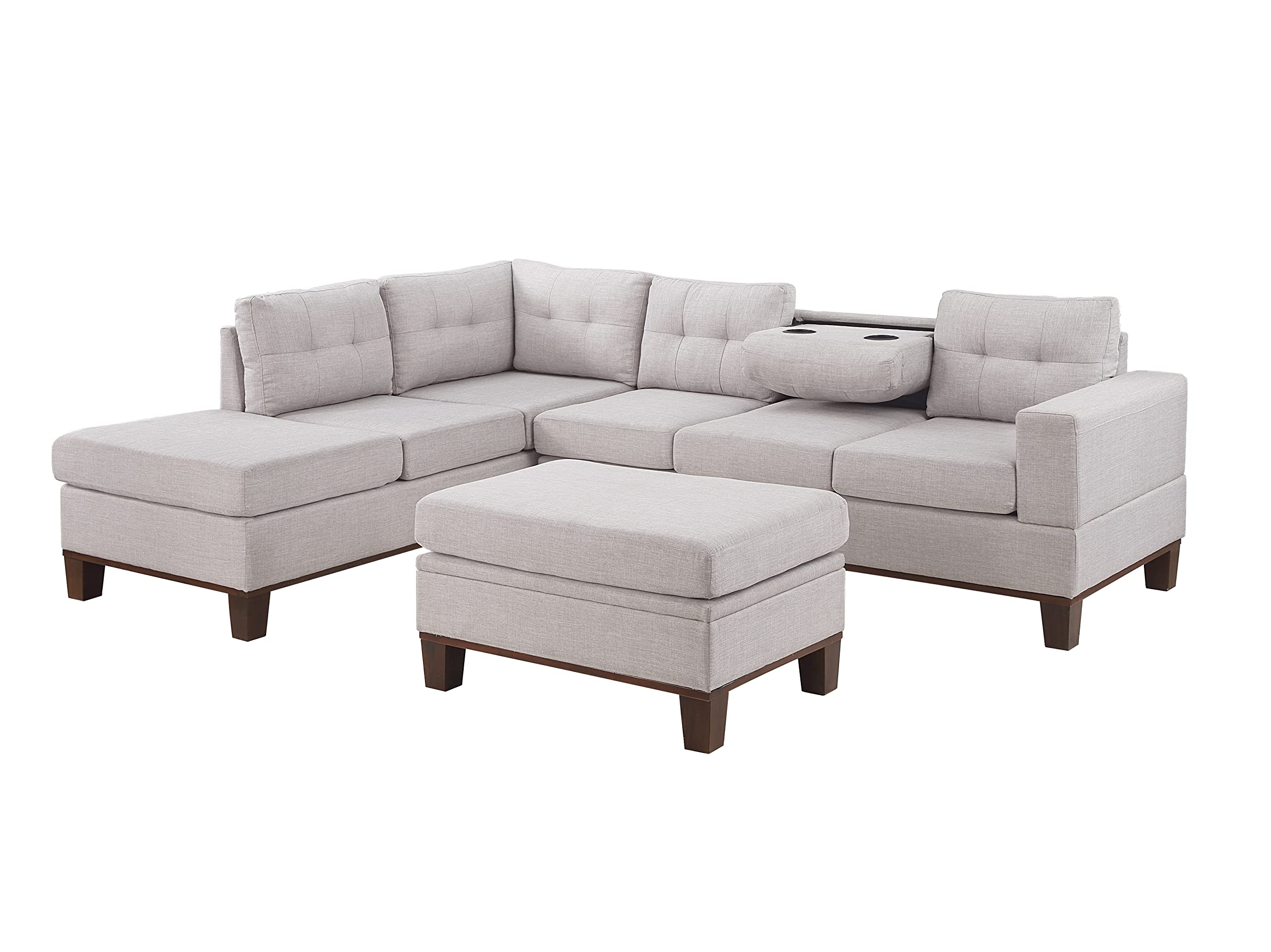 Lilola Home Hilo Light Gray Fabric Reversible Sectional Sofa with Dropdown Armrest, Cupholder, and Storage Ottoman