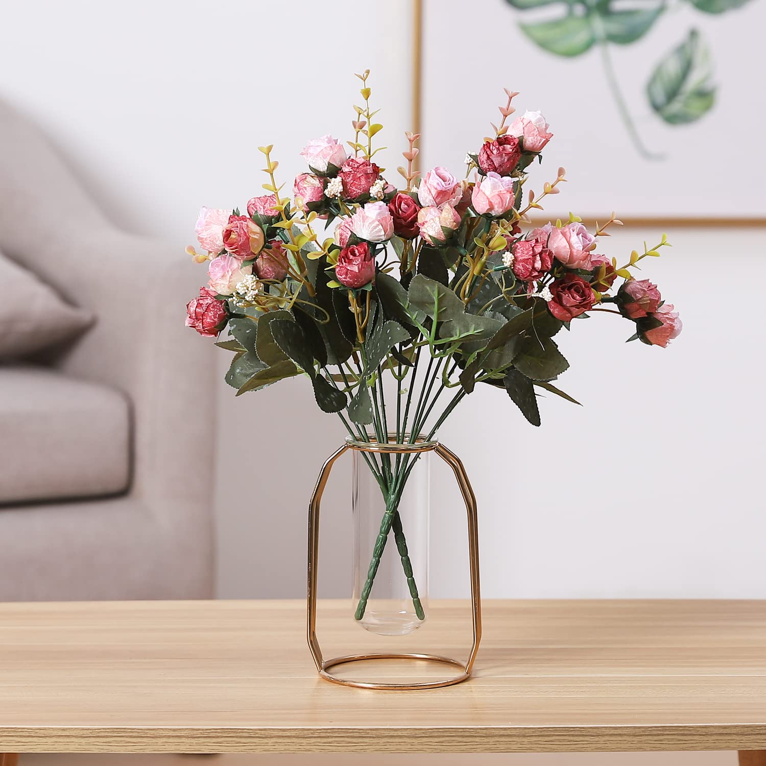 Duovlo 7 Branch 21 Heads Artificial Flowers Bouquet Mini Rose Wedding Home Office Decor,Pack Of 2 (2 Pcs Pink)