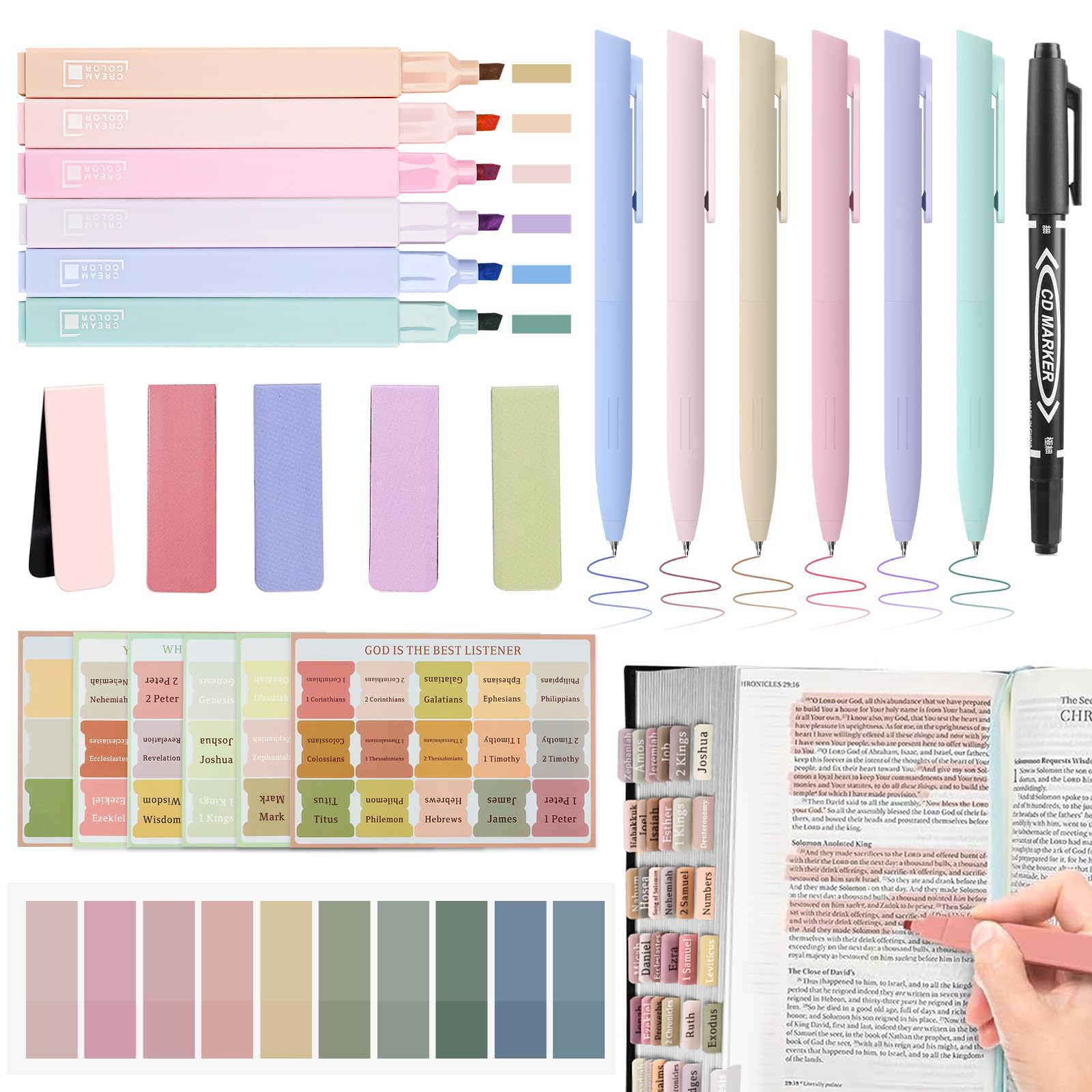 Dazspirit 25Pcs Bible Journaling Kit, 6 Bible Highlighters, 6 Smooth Writing Pens, 90 Bible Tabs, Magnetic Bookmarks, Sticky Not