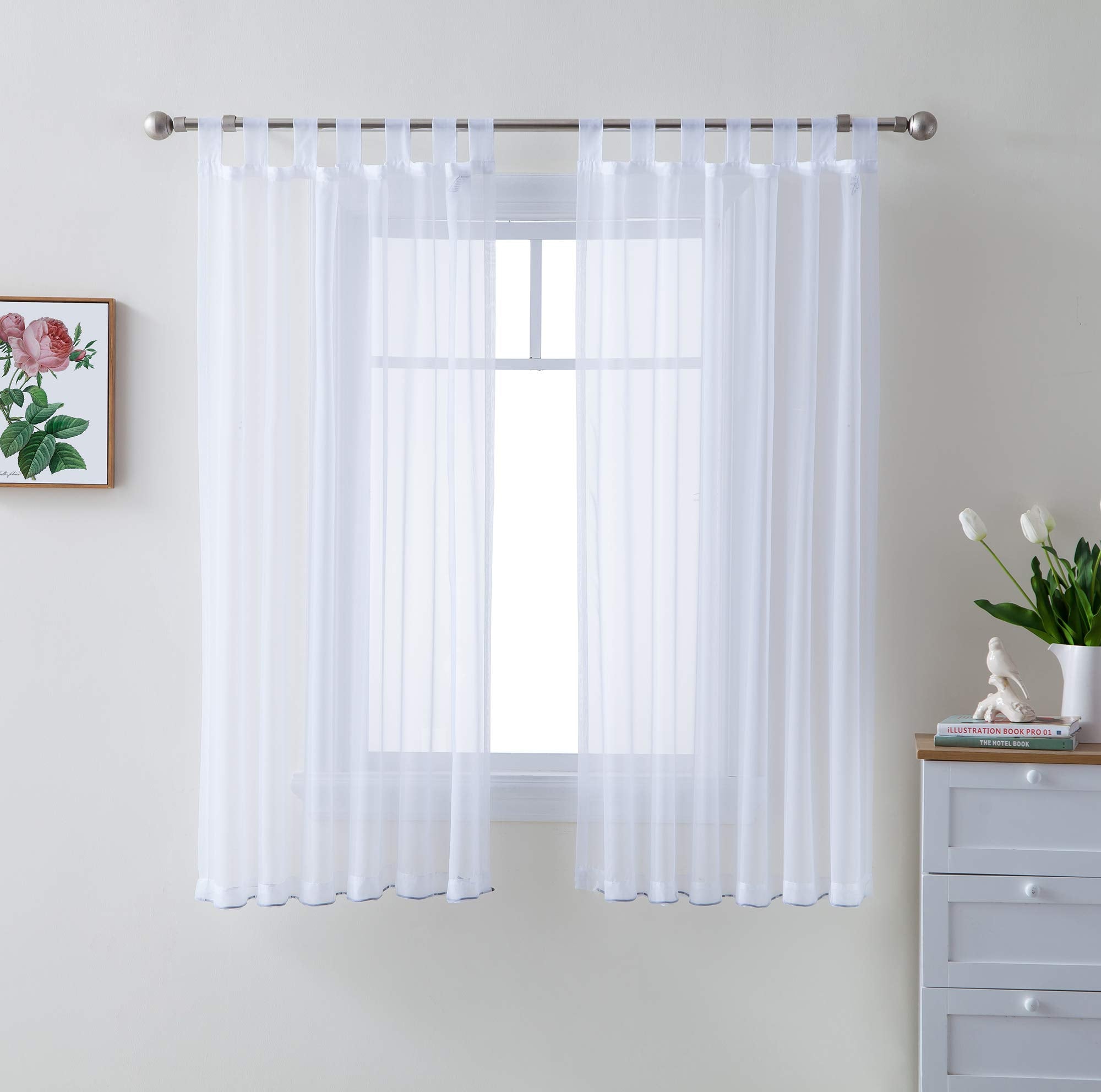 HLC.ME White Tab Top 54 inch x 63 inch Long Window Curtain Sheer Voile Panels for Living Room & Bedroom, Set of 2