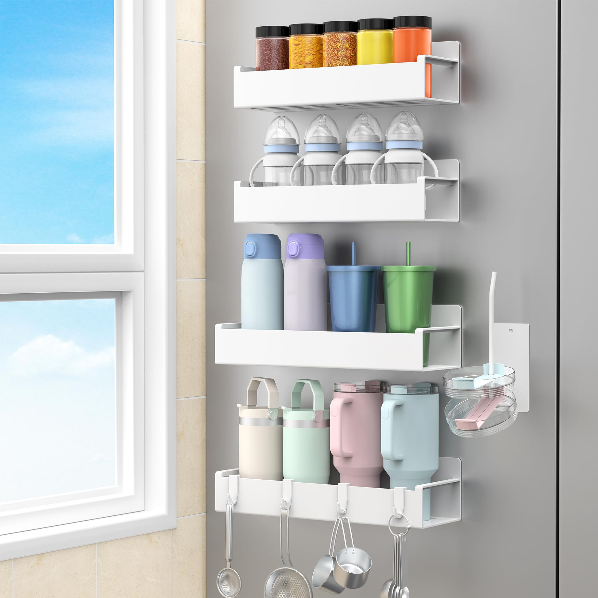 HuggieGems Magnetic Water Bottle Holder for Refrigerator, Cup Holder Organizer for Stanley and Tumbler for Kitchen, 4 Pack, Whit