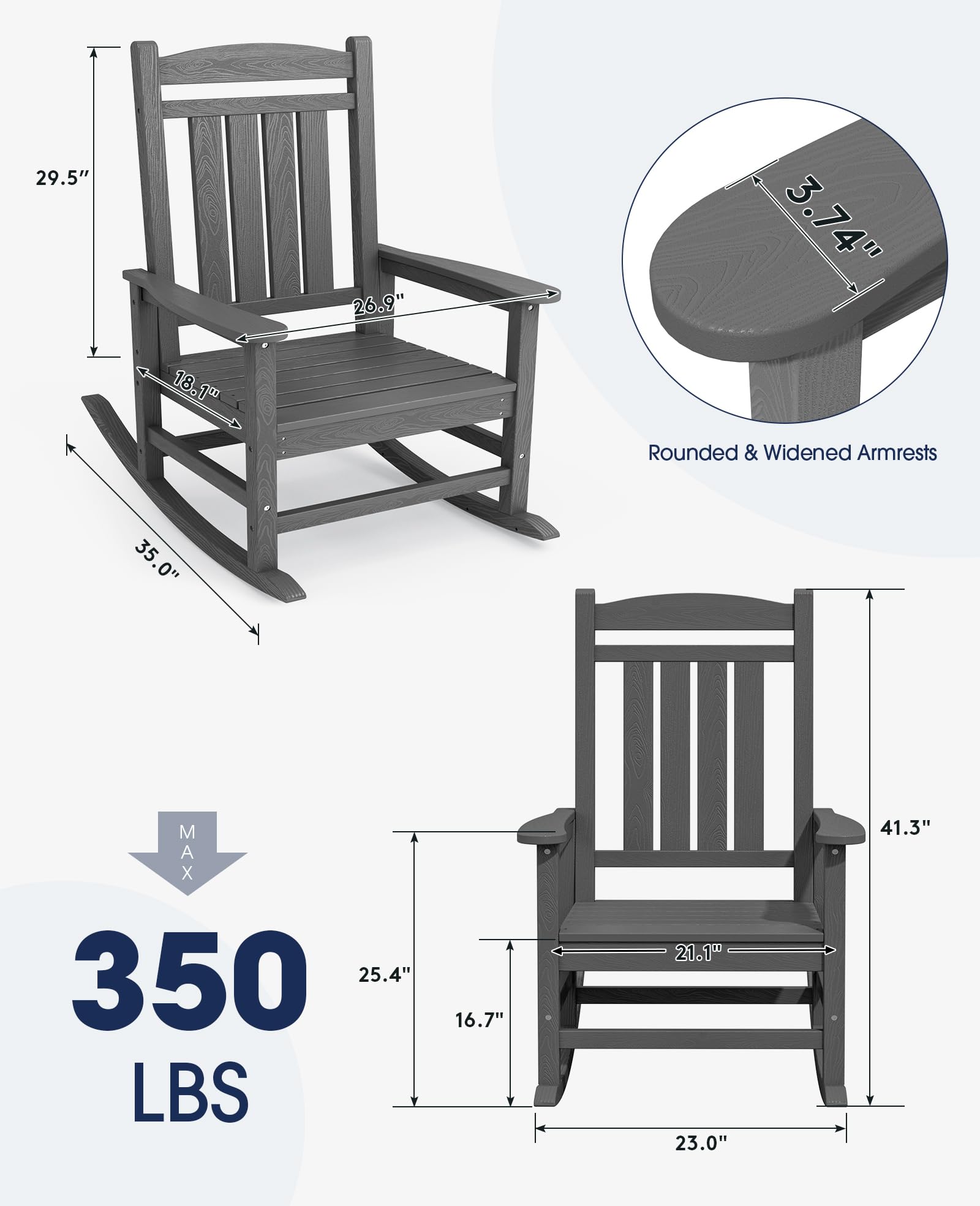 Kingyes Oversized Outdoor Rocking Chair Set Of 4, High Density Polyethylene Patio Rocking Chairs With 350Lbs Support For Adults, Light Gray
