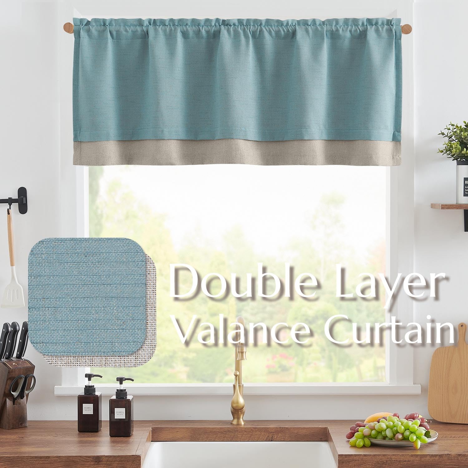 Jinchan Linen Textured Valance Curtain Blackout Kitchen Valance For Windows 18 Inch Length Farmhouse Rustic Double Layer Valance For Living Room Laundry Cafe Overlay Valance Rod Pocket 1 Panel Blue