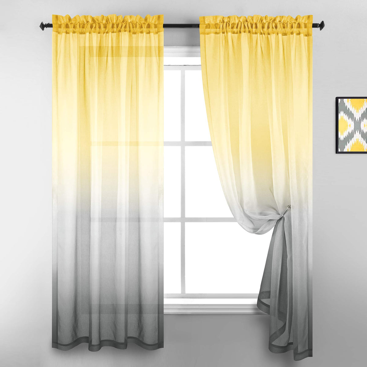 Koufall 63 Inch Length Yellow And Grey Sheer Curtains 2 Panels Set Window Curtains For Bedroom Kitchen Decor,Bright Yellow And L