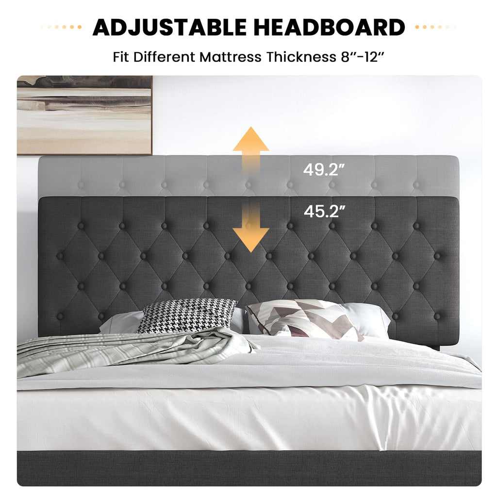 Sha Cerlin King Size Bed Frame With Button Tufted Headboard, Fabric Upholstered Mattress Foundation, Platform Bed Frame, Wooden Slat Support, No Box Spring Needed, Dark Grey