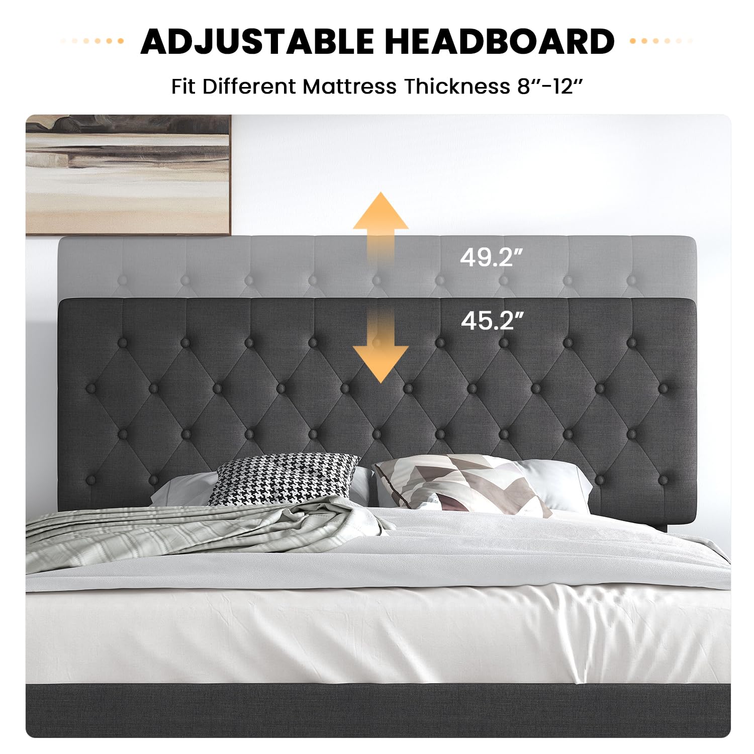 Sha Cerlin King Size Bed Frame With Button Tufted Headboard, Fabric Upholstered Mattress Foundation, Platform Bed Frame, Wooden Slat Support, No Box Spring Needed, Dark Grey