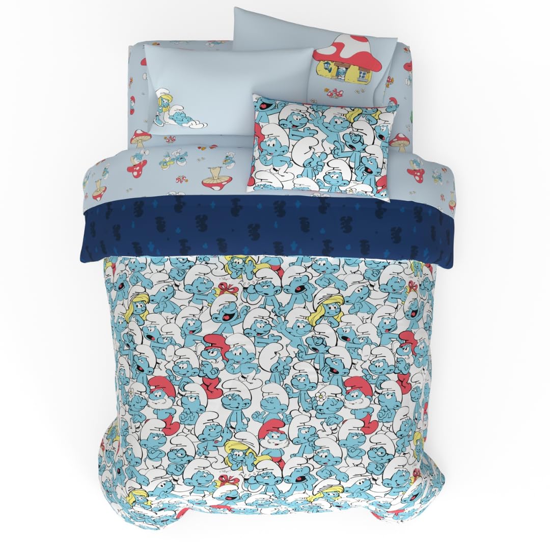 Franco The Smurfs Kids Bedding Super Soft & Cozy Reverisble Microfiber Comforter And Sheet Set With Sham, 7 Piece Queen Size, (O
