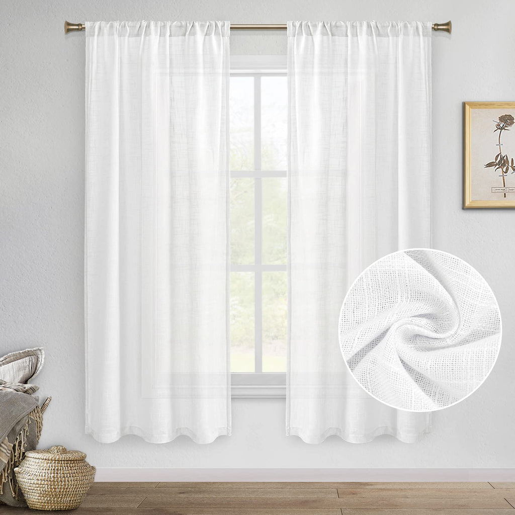 DWCN White Faux Linen Sheer Curtains - Rod Pocket Textured Semi Voile Bedroom Living Room Window Curtains, Set of 2 Rod Pocket C