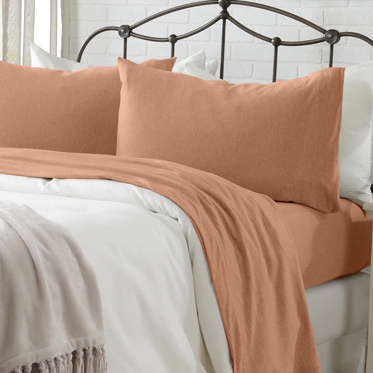 Great Bay Home Cotton Jersey Knit King Sheet Set - Ultra-Soft, Stretchy, Heathered Melange Terracotta Bed Sheets - Cozy, Soft T-