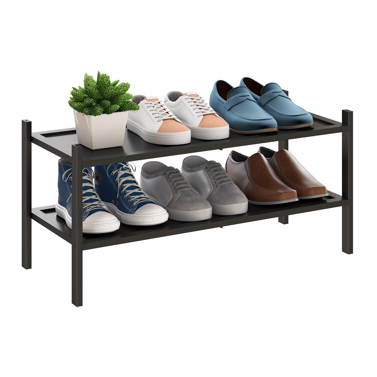 Bmosu 2-Tier Bamboo Shoe Rack Premium Stackable Shoe Shelf Storage Organizer For Hallway Closet Living Room Entryway Organizer(Black)
