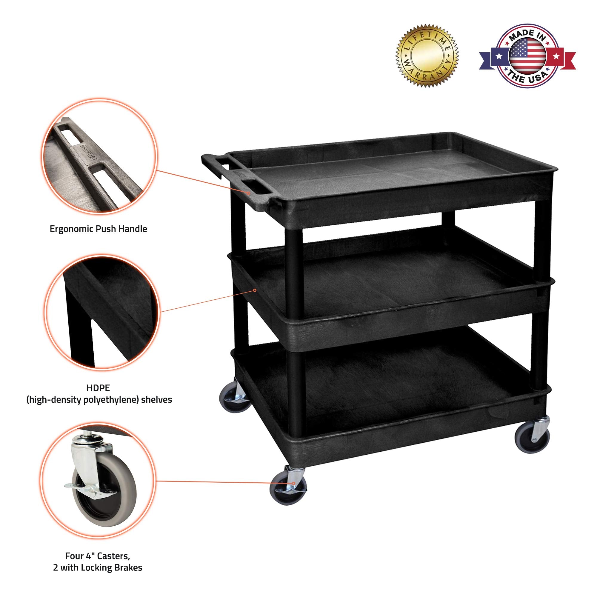 Luxor Tc111-B Large Tub Cart - Three Shelves