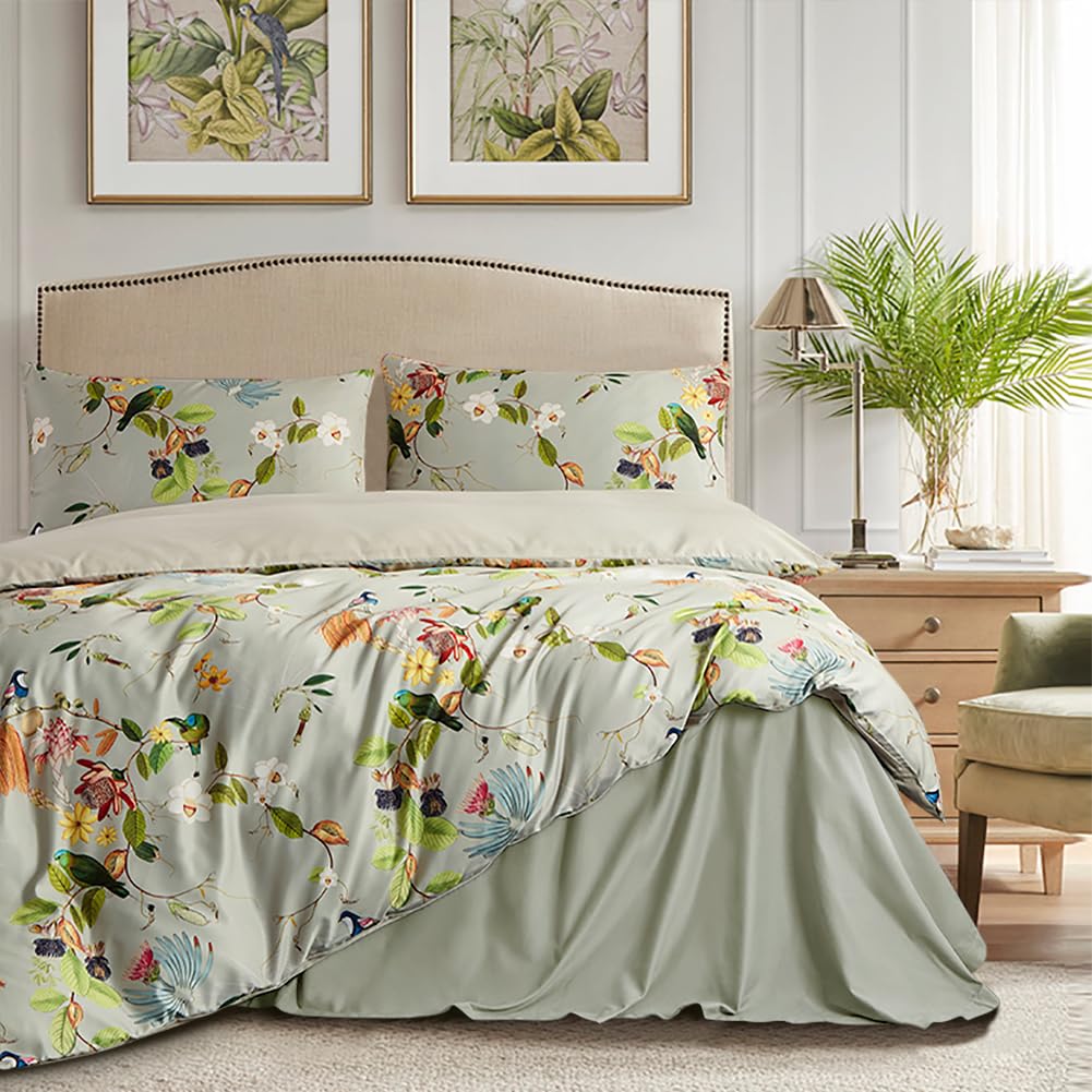 Mixinni Garden Style Floral Birds 3 Pieces Duvet Cover California King Size Green Leaves Pattern Printed Cotton Duvet Cover With