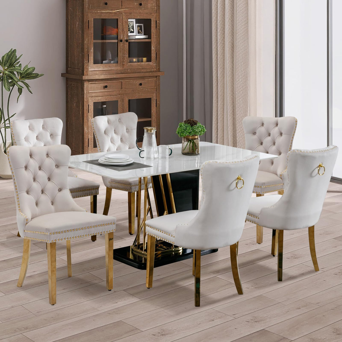 Soarflash Velvet Dining Chair Set Of 6, Upholstered Tufted Dining Room Chair With Nailhead Trim, Solid Gold Plated Leg For Kitch