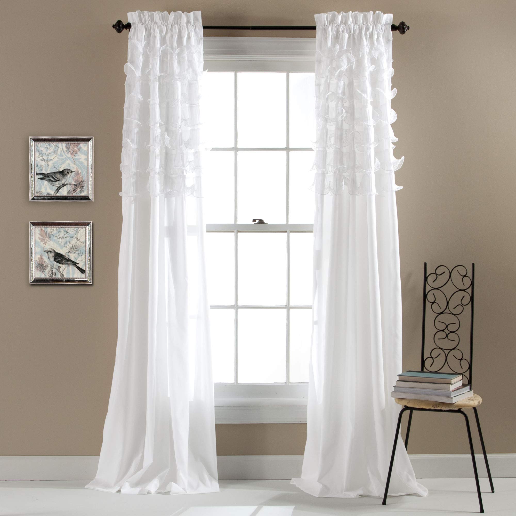 Lush Decor Avery Curtains Ruffled Vintage Chic Style Window Panel Set for Living, Dining Room, Bedroom (Pair), 84 by 54-Inch, Wh