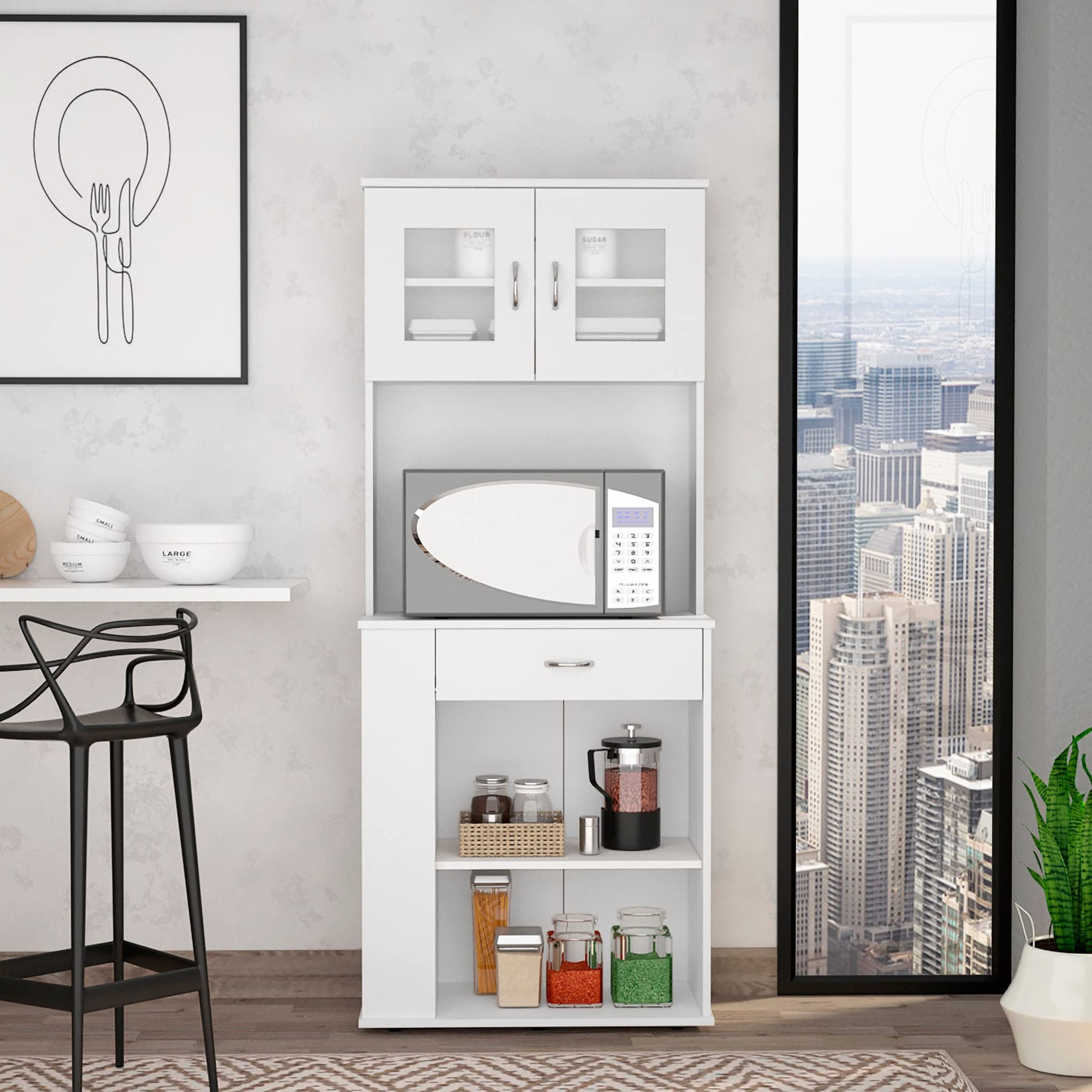 HomeRoots Particle Board White Pantry Cabinet with Two Door Panels and Side Open Shelves