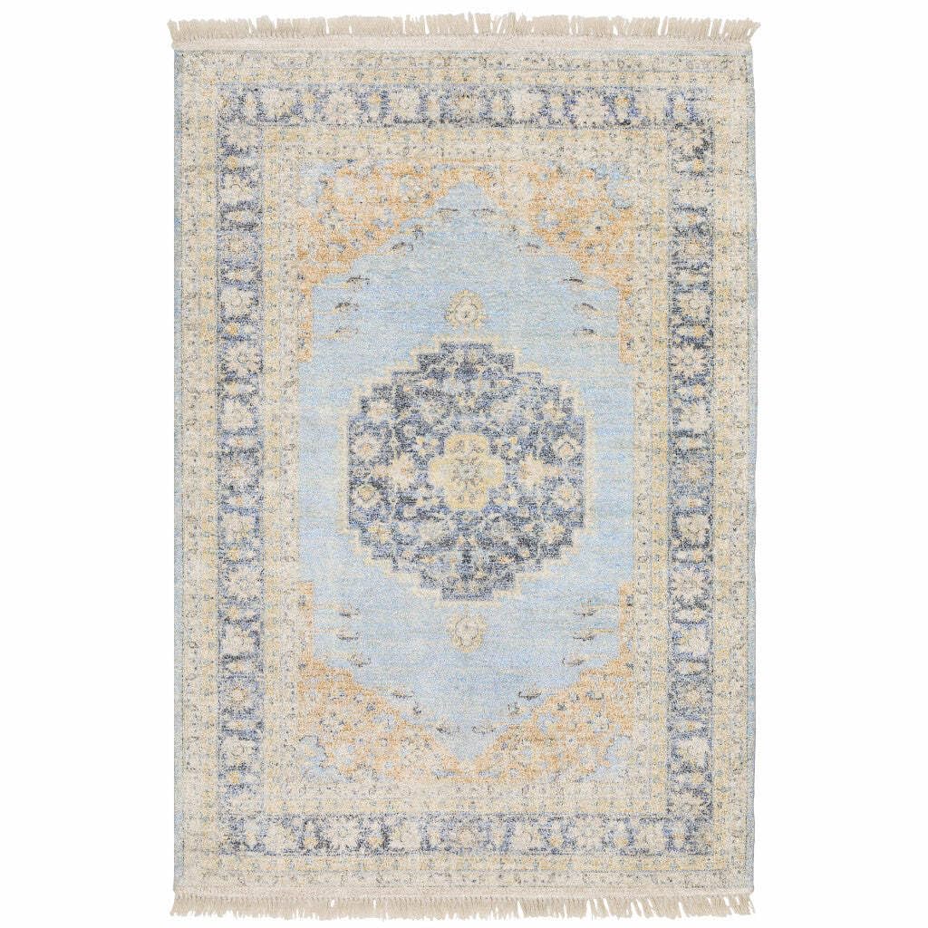 HomeRoots 509476 8 x 10 ft. Blue & Beige Oriental Hand Loomed Stain Resistant Rectangle Area Rug with Fringe