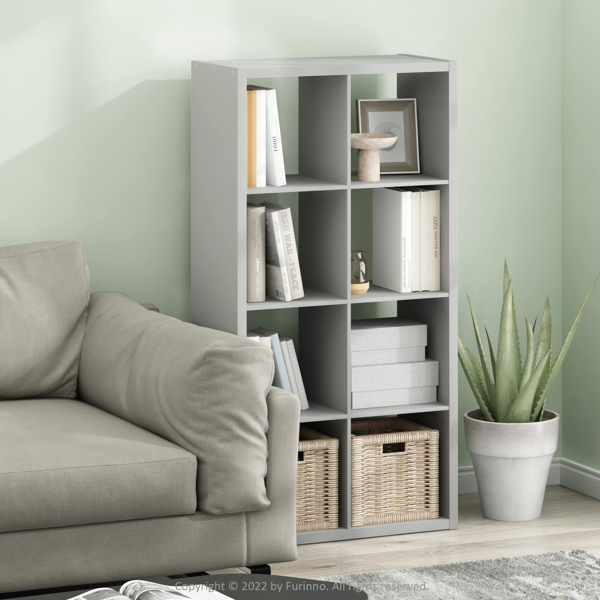 Furinno Cubicle Open Back Decorative Cube Storage Organizer, 8-Cube, Light Grey