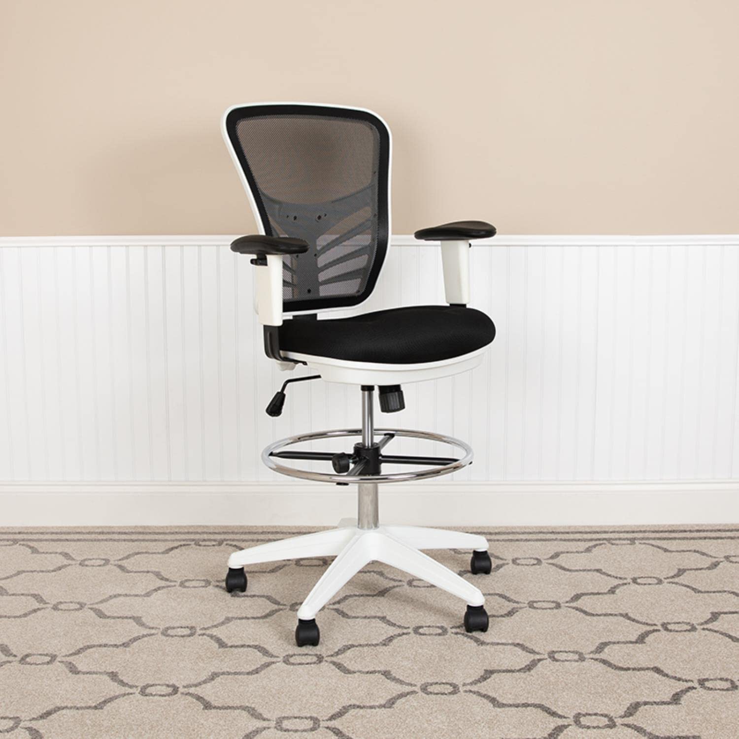 Flash Furniture Tyler Mid-Back Black Mesh Ergonomic Drafting Chair With Adjustable Chrome Foot Ring, Adjustable Arms And White Frame