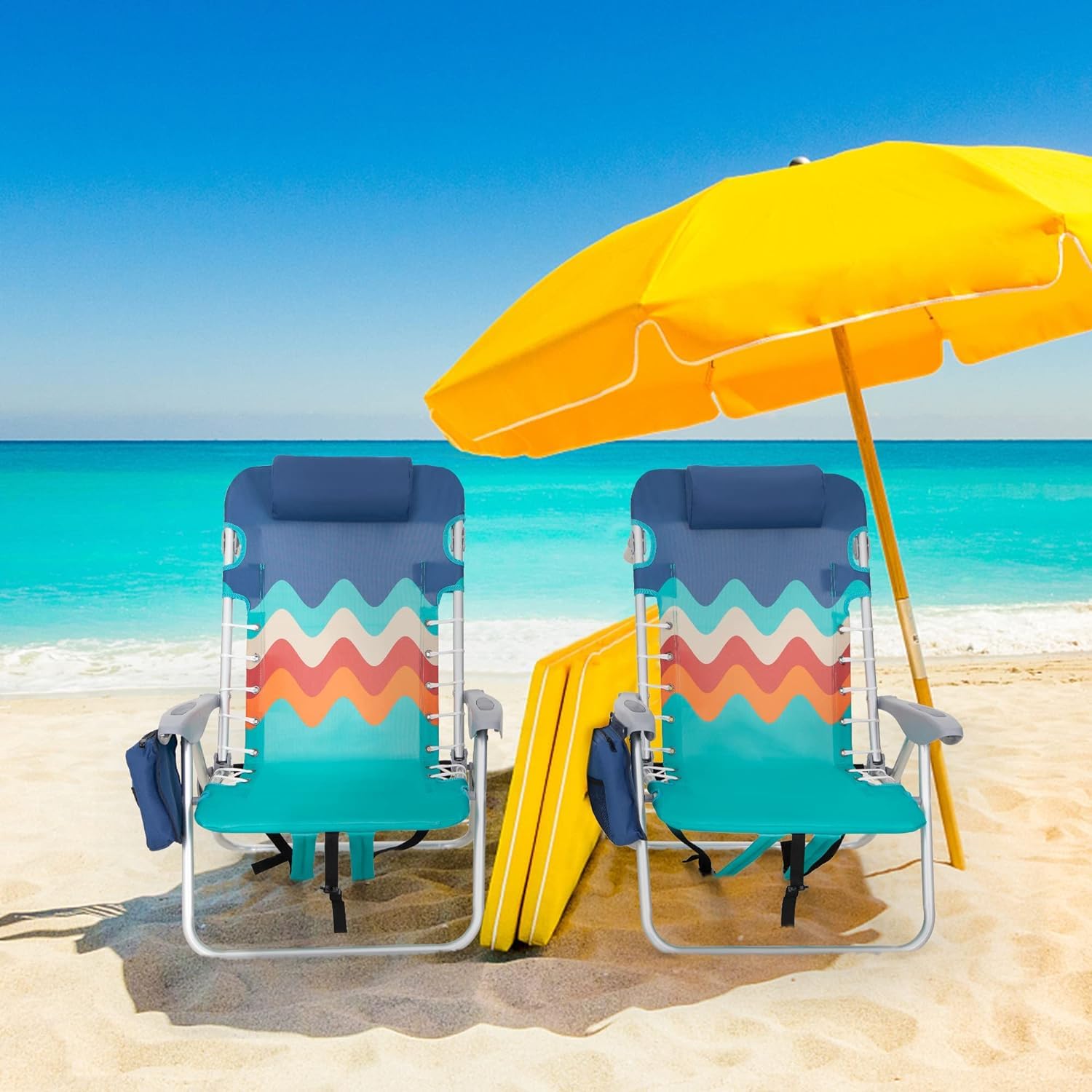 HIGH POINT SPORTS Backpack Folding Beach Chairs Set of 2, Lightweight Portable Reclining Beach Chair Support 250LBS, Camping Cha