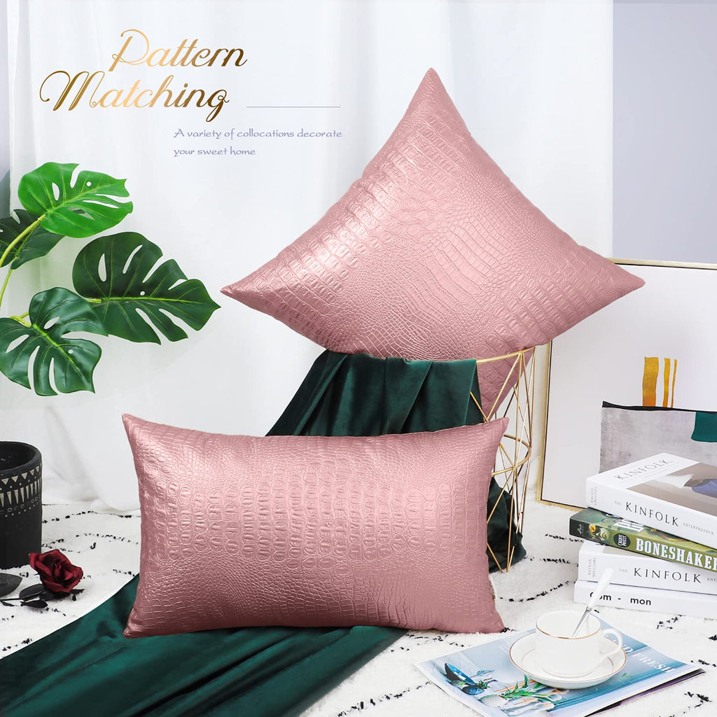 Brawarm Faux Leather Pillow Covers 16 X 16 Inches, Rose Gold Leather Pillow Covers Pack Of 2, Crocodile Leather Decorative Throw