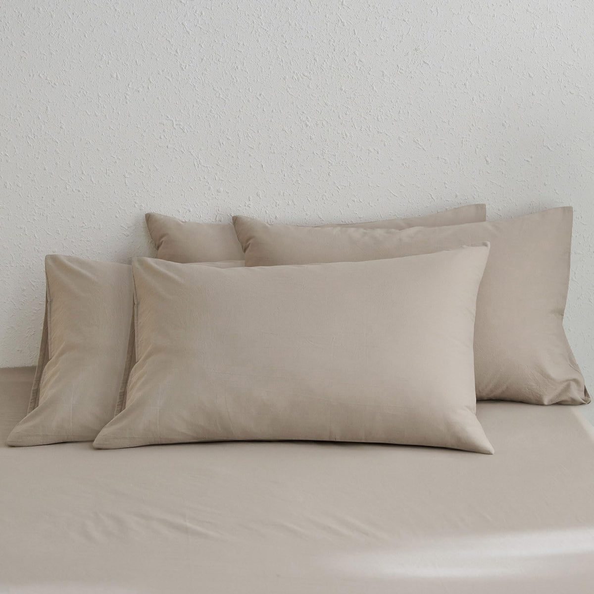 Moomee Bedding Pillowcases Pack Of 4 100% Washed Cotton Linen Like Textured Breathable Durable Soft Comfy (Tannish Linen Grey, K