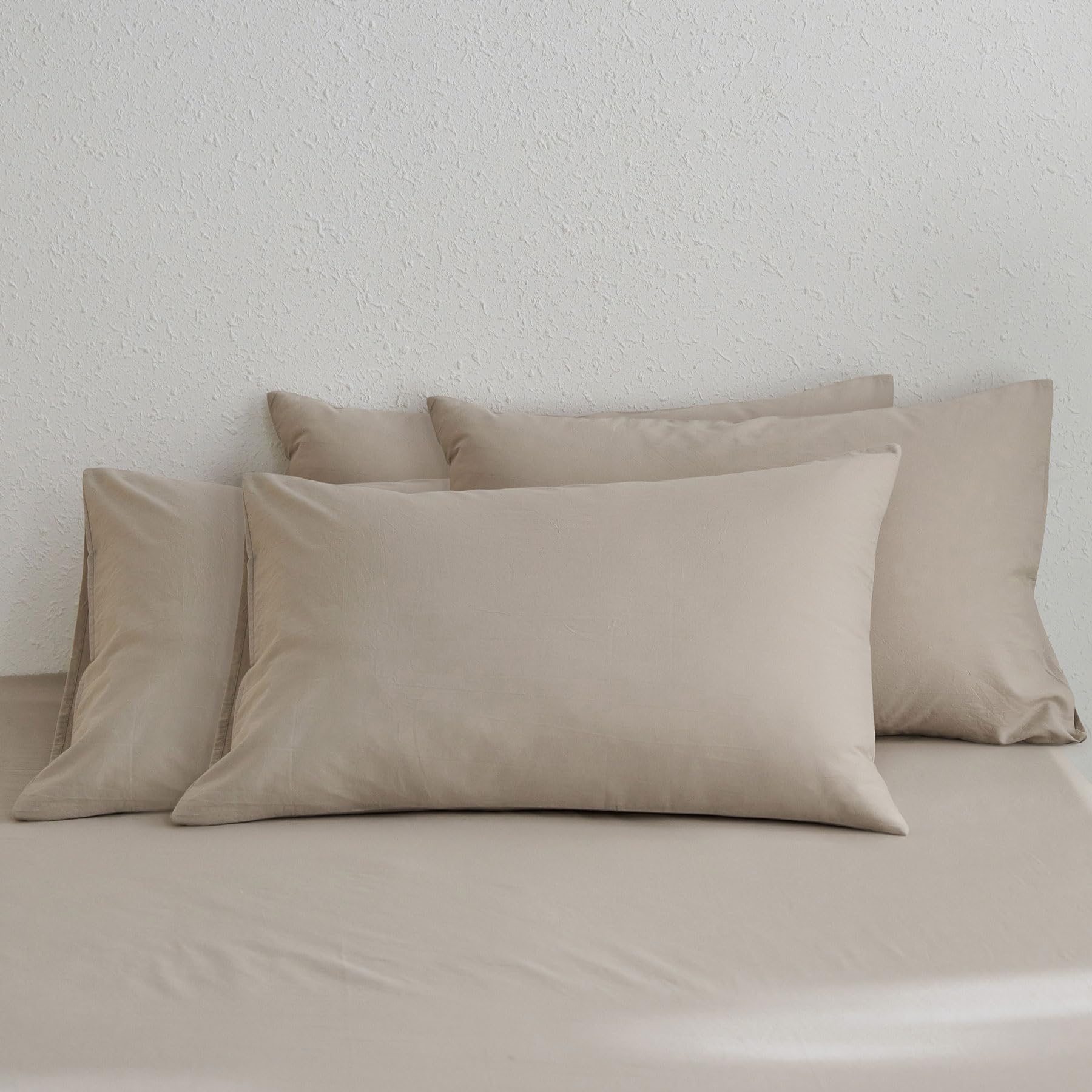 Moomee Bedding Pillowcases Pack Of 4 100% Washed Cotton Linen Like Textured Breathable Durable Soft Comfy (Tannish Linen Grey, Q