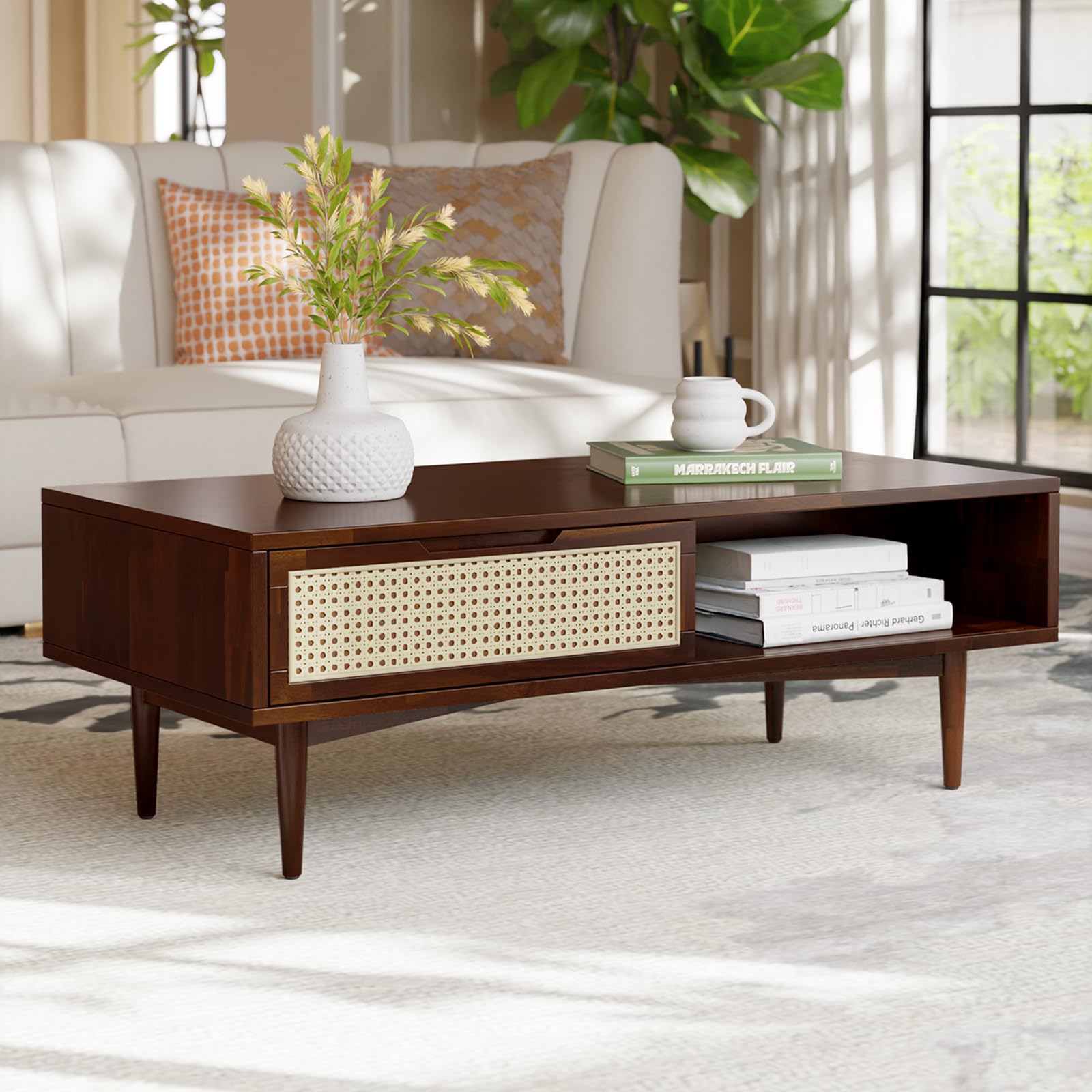 Bme Oliver Mid Century Coffee Table with Drawers and Open Storage - Solid Wood Accent Table with Rattan Detail and Adjustable Le