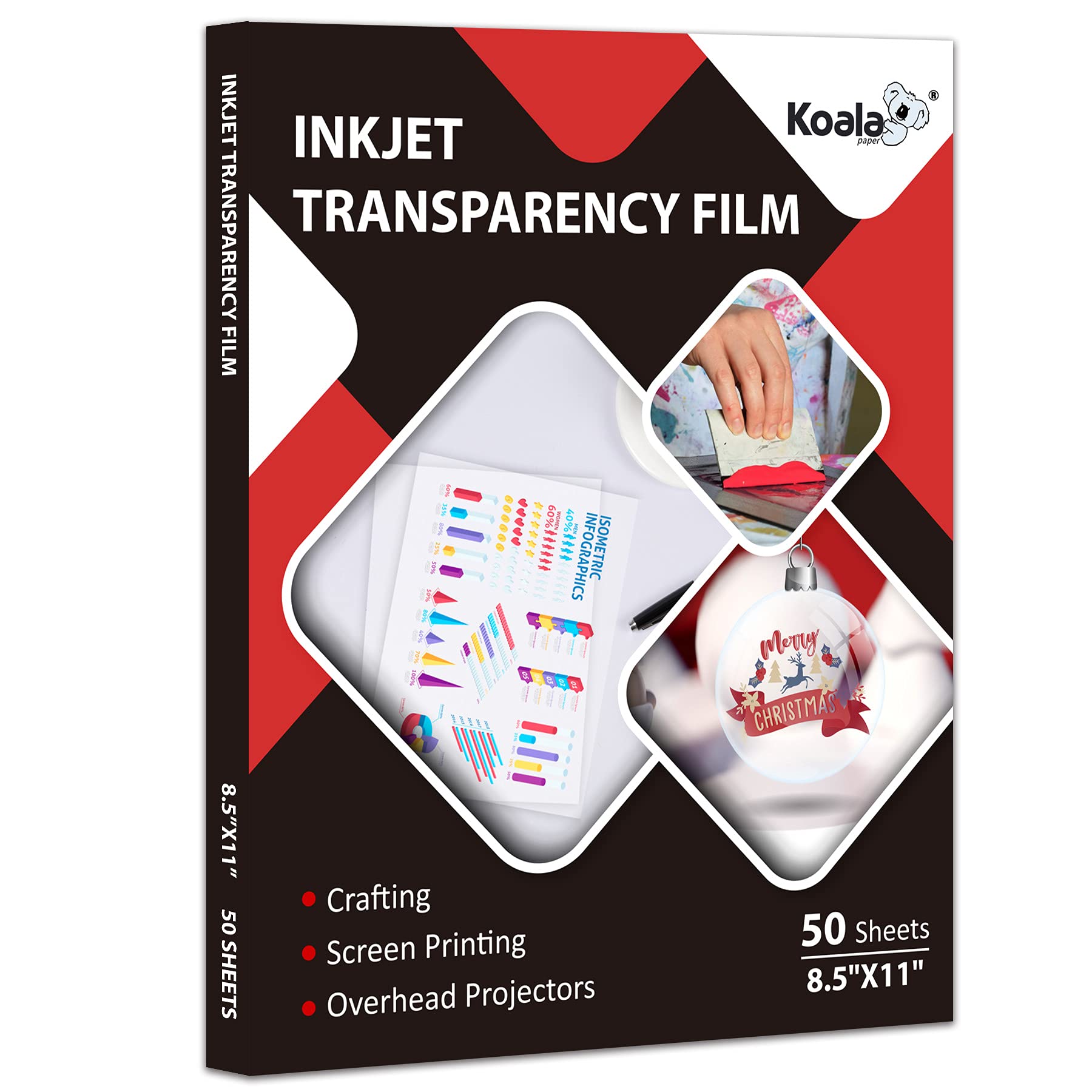 Koala Inkjet Transparency Film 50 Sheets 100% Clear Transparency Paper For Inkjet Printers, For Crafting, Overhead Projector, Sc
