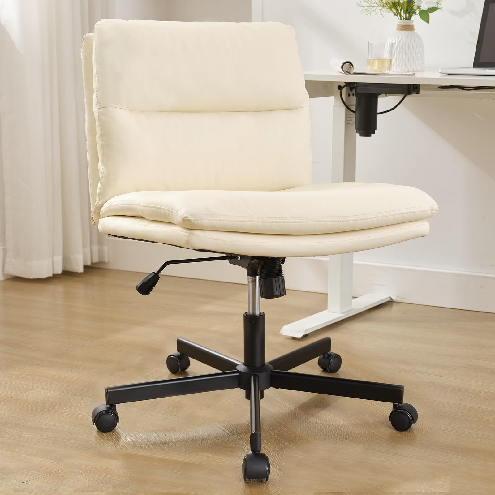 Okeysen Armless Criss Cross Chair With Wheels, Wide Seat Cross Legged Comfy Office Desk, Pu Leather Height Adjustable Swivel Com