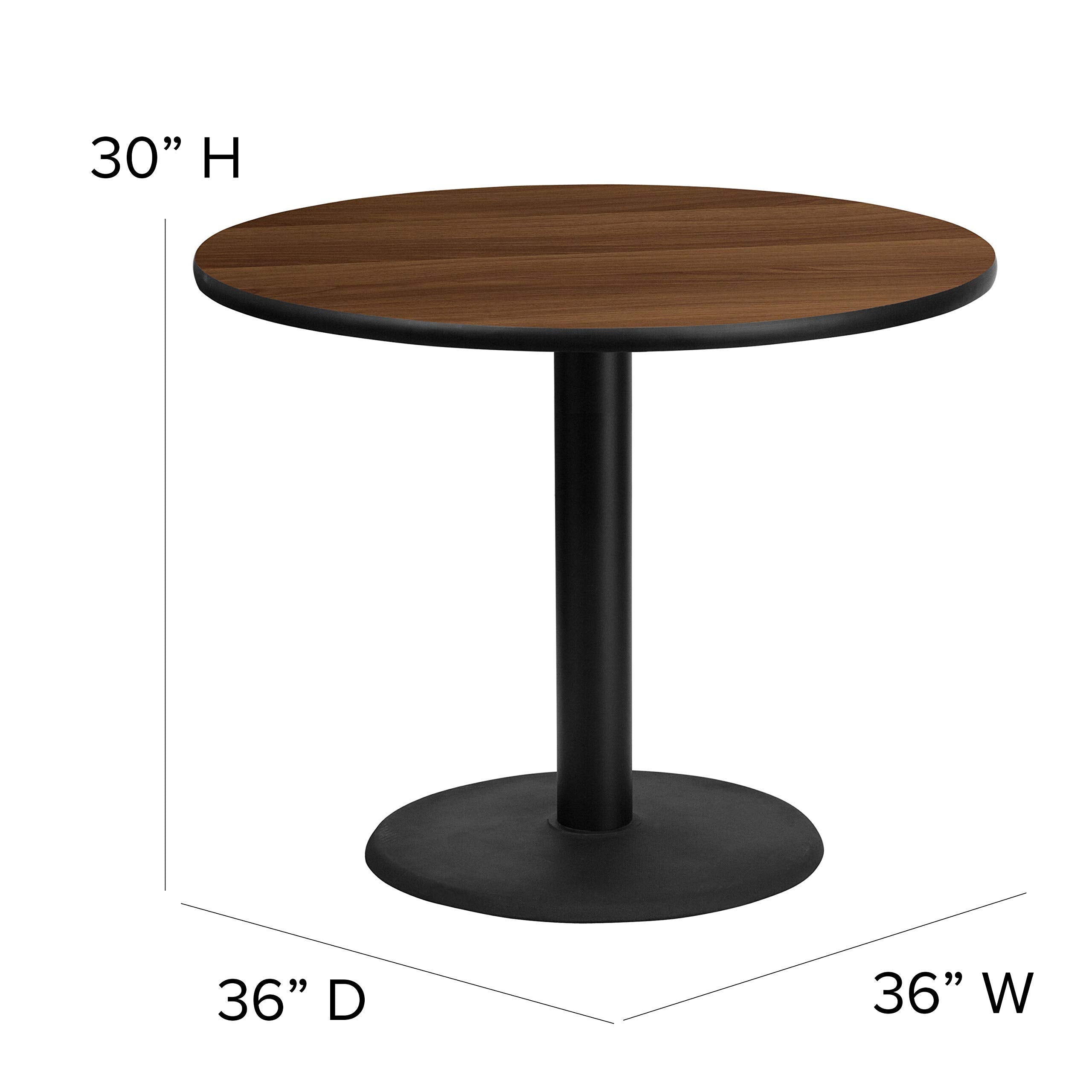 Flash Furniture Carlton 36'' Round Walnut Laminate Table Set with X-Base and 4 Black Trapezoidal Back Banquet Chairs