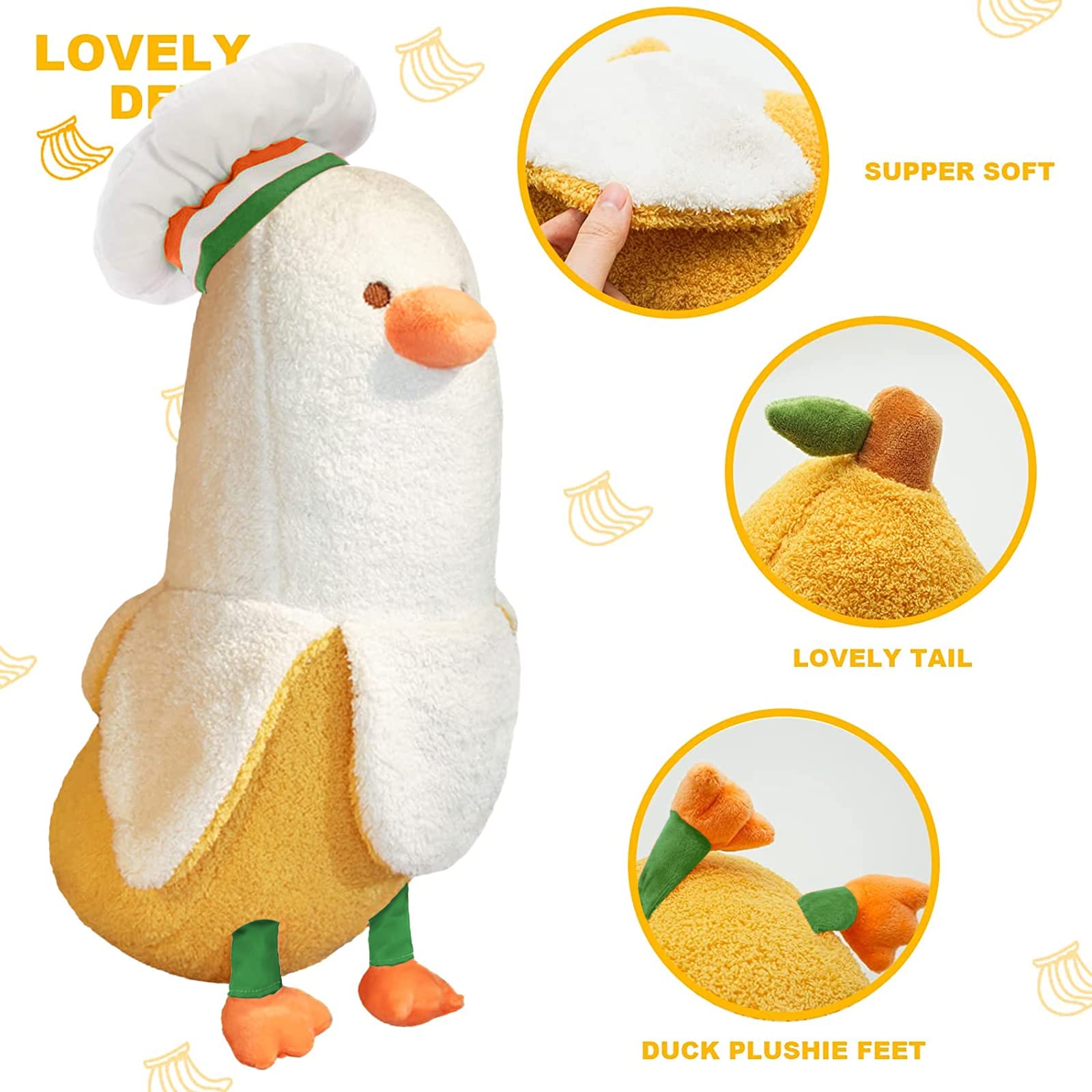 Peach Cat Cute Banana Duck Stuffed Animal Long Banana Chef Duck Plush Pillow For Girls And Boys White 12'
