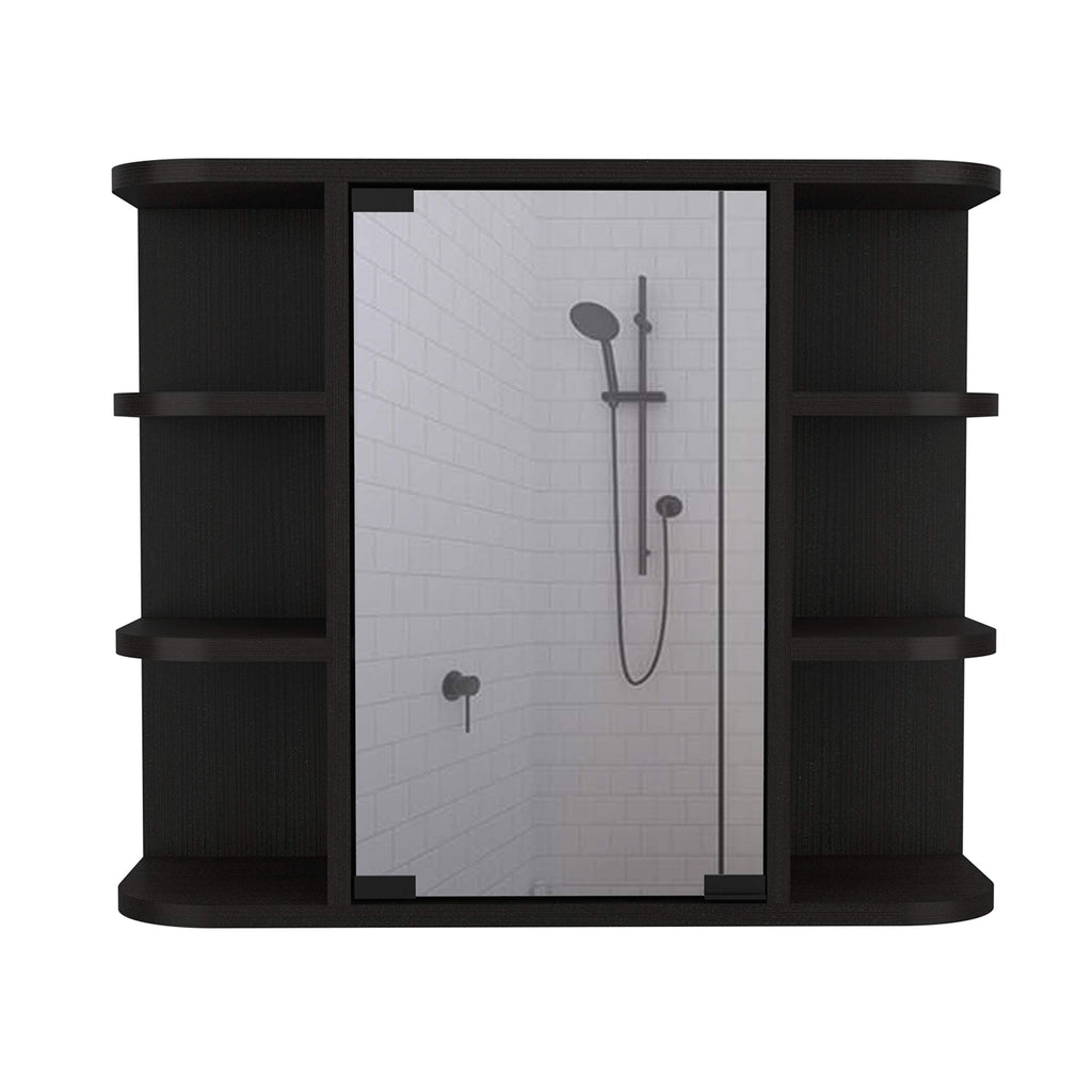 Roma Mirrored Medicine Cabinet with Six External Shelves and Three Interior Shelves, 19" H, Black, Bathroom