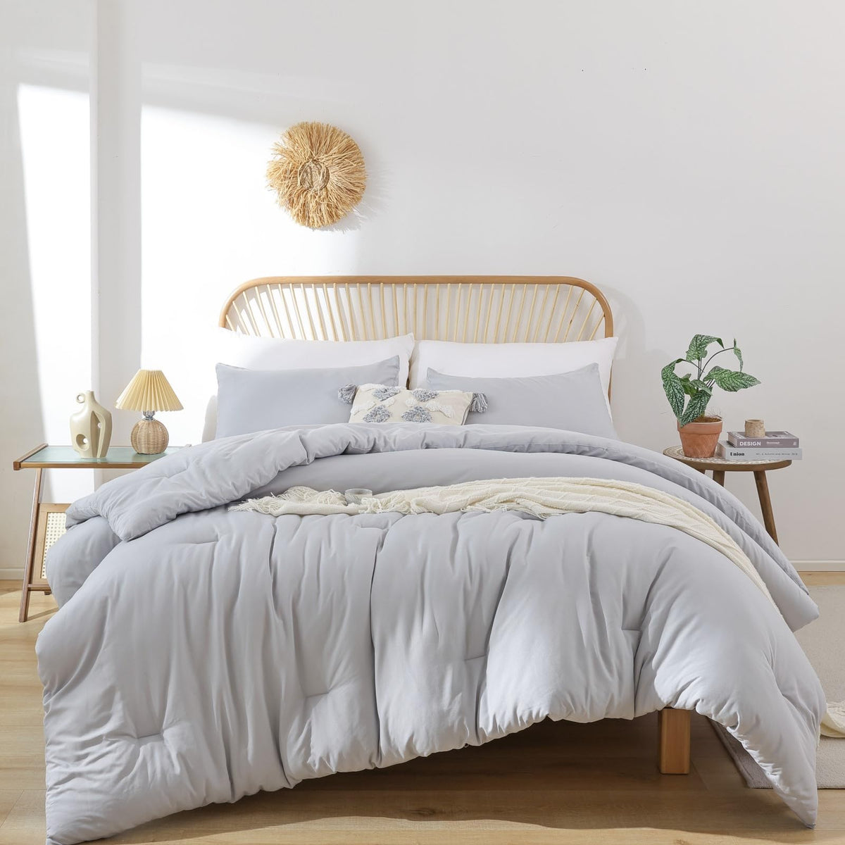 Rosgonia King Size Comforter Set Light Grey,3Pcs Gray King Comforter(1 Boho Comforter & 2 Pillowcases),All Season Bedding Comfor