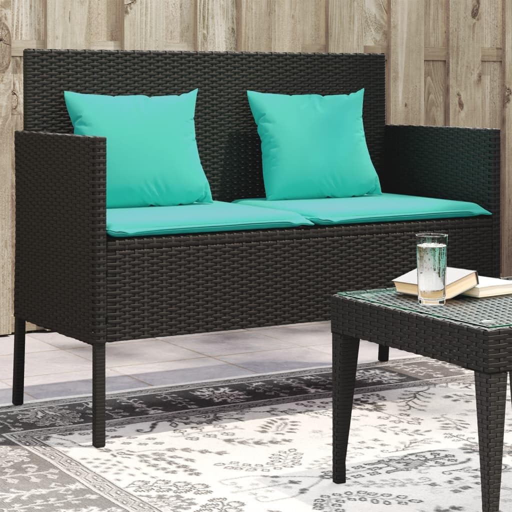vidaXL Outdoor Loveseat Bench - Black PE Rattan, Padded Blue Cushions, Storage Under-Seat, Weather-Resistant, Garden/Patio Furniture, 44.5x24x34.3