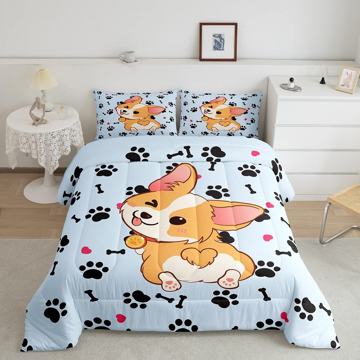 Castle Fairy Cute Corgi Bedding Set Queen Size,Cartoon Dog Footprint Bones Comforter 3Pcs For Kids Boys Girls Room Decor,Smiling