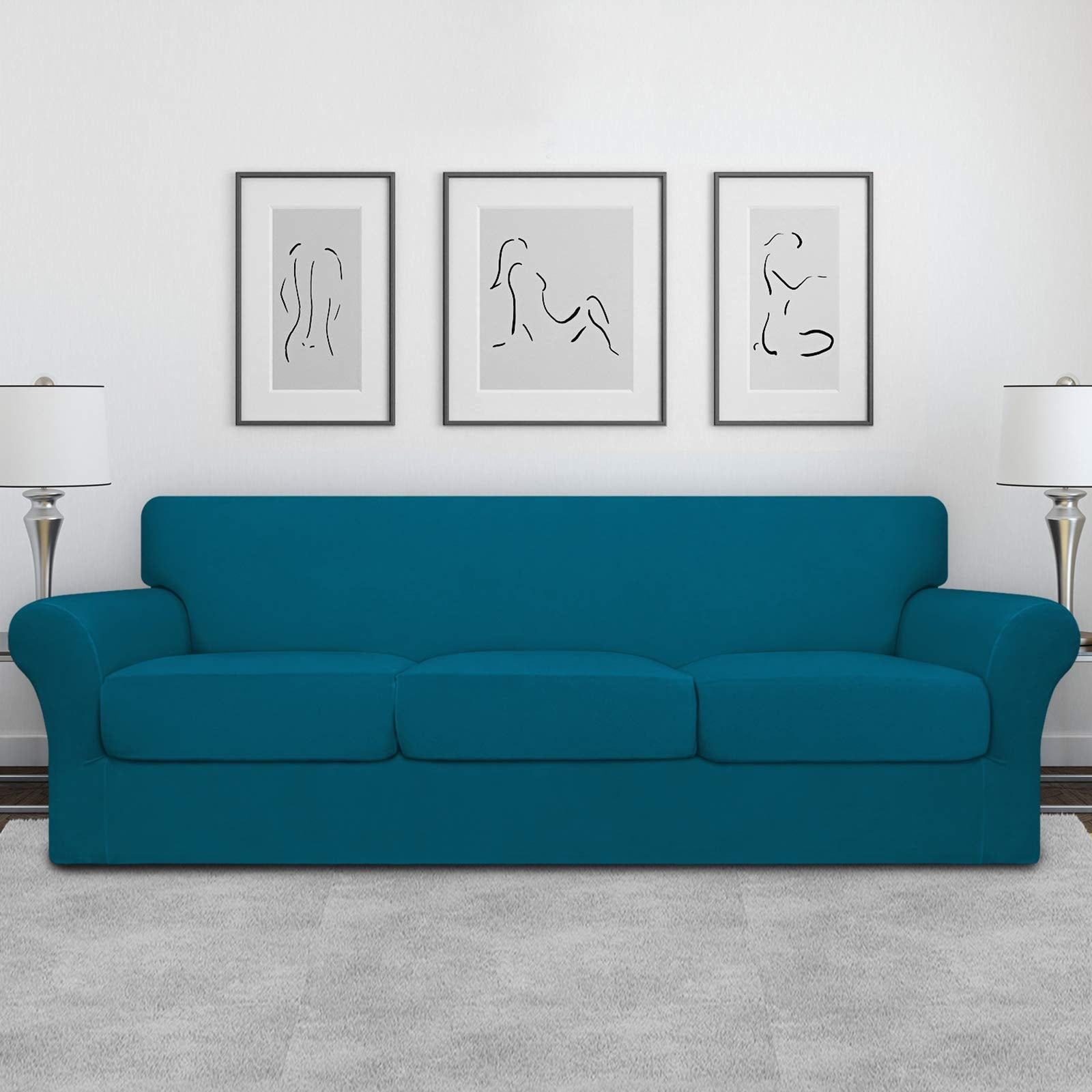 Easy-Going 4 Pieces Oversized Stretch Soft Couch Cover For Dogs - Washable Sofa Slipcover For 3 Separate Cushion Couch - Elastic Furniture Protector For Pets, Kids Peacock Blue